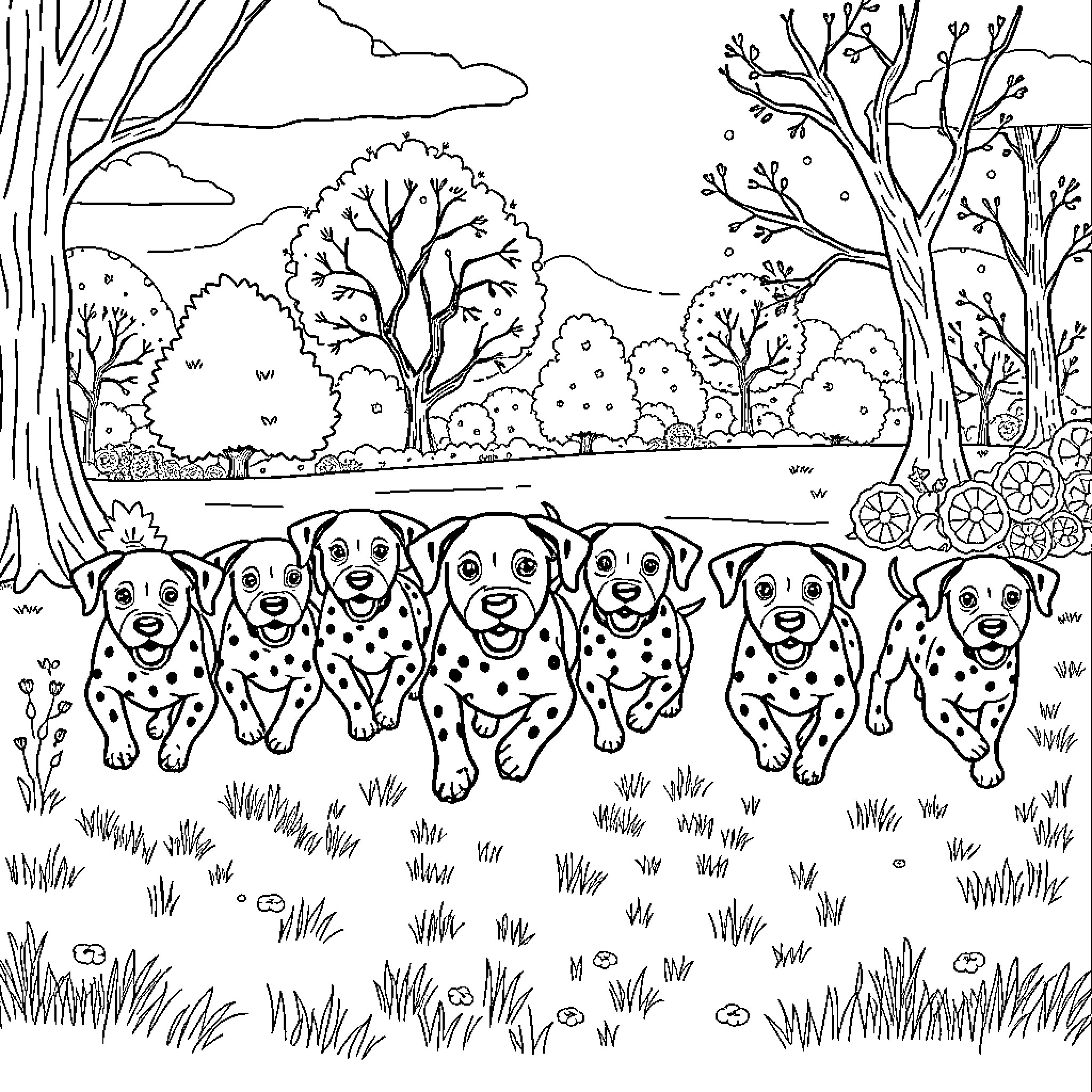 Dalmatian puppies playing joyfully in the forest Coloring Page (free black-and-white line drawing printable PDF for all, from beginners to advanced learners, including children, teens, adults, and seniors)