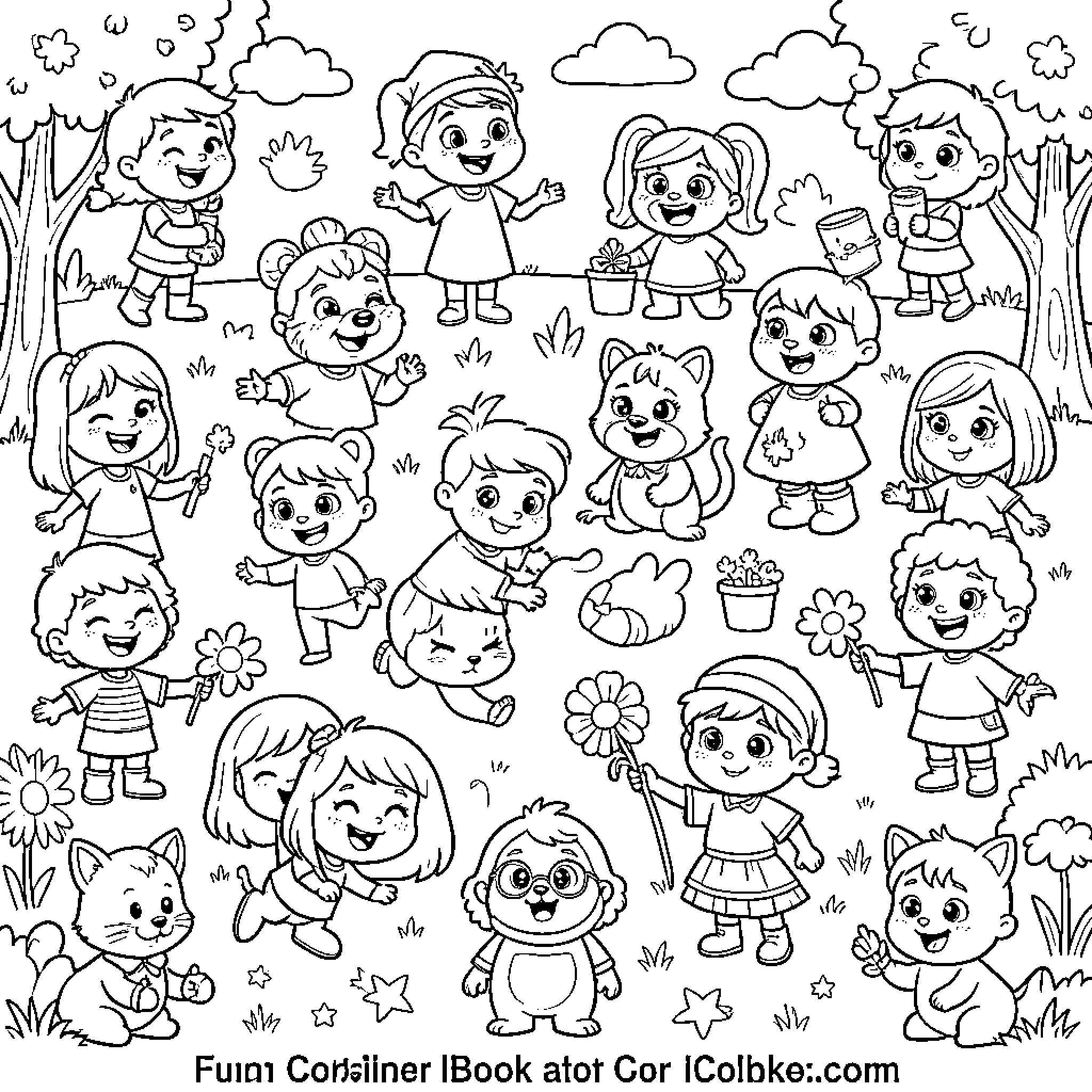 Cartoon children and pets playing happily in the park Coloring Page (free black-and-white line drawing printable PDF for all, from beginners to advanced learners, including children, teens, adults, and seniors)