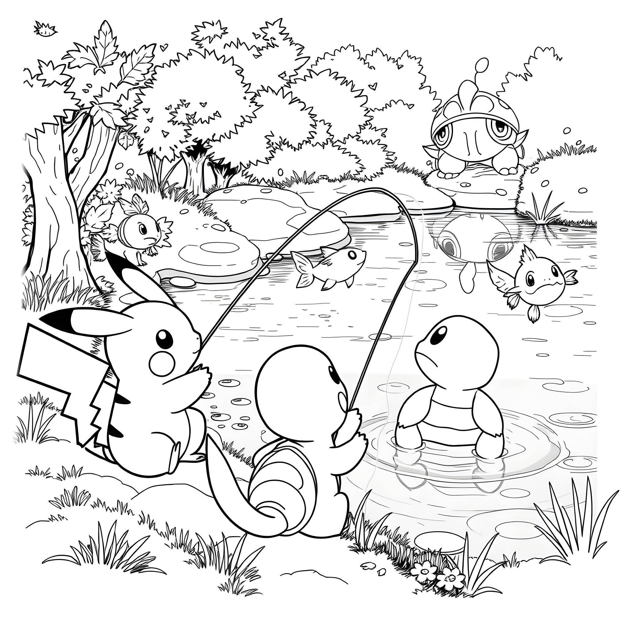 Pikachu and friends exploring the natural world Coloring Page (free black-and-white line drawing printable PDF for all, from beginners to advanced learners, including children, teens, adults, and seniors)