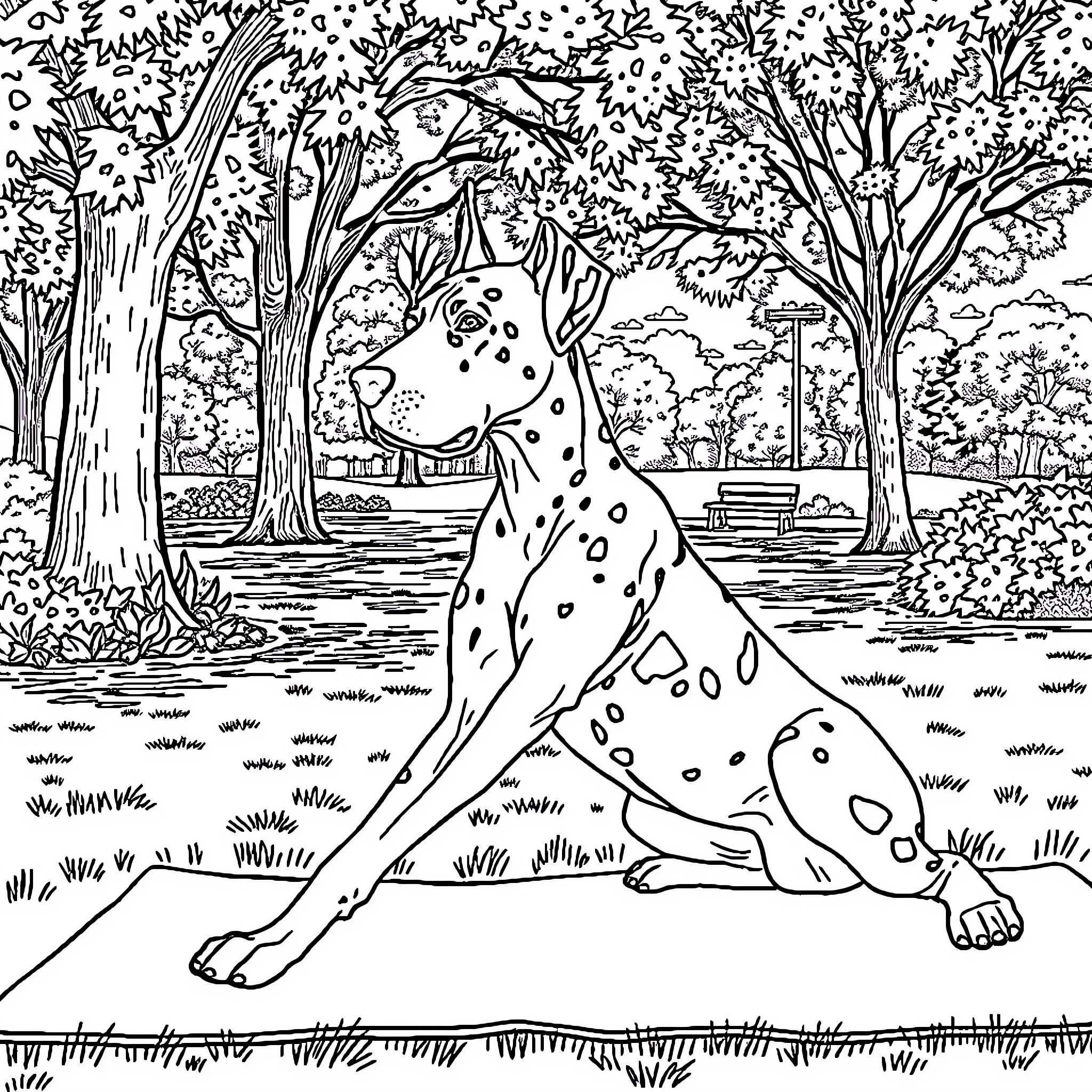 Great Dane exploring the outdoor scenery Coloring Page (free black-and-white line drawing printable PDF for all, from beginners to advanced learners, including children, teens, adults, and seniors)