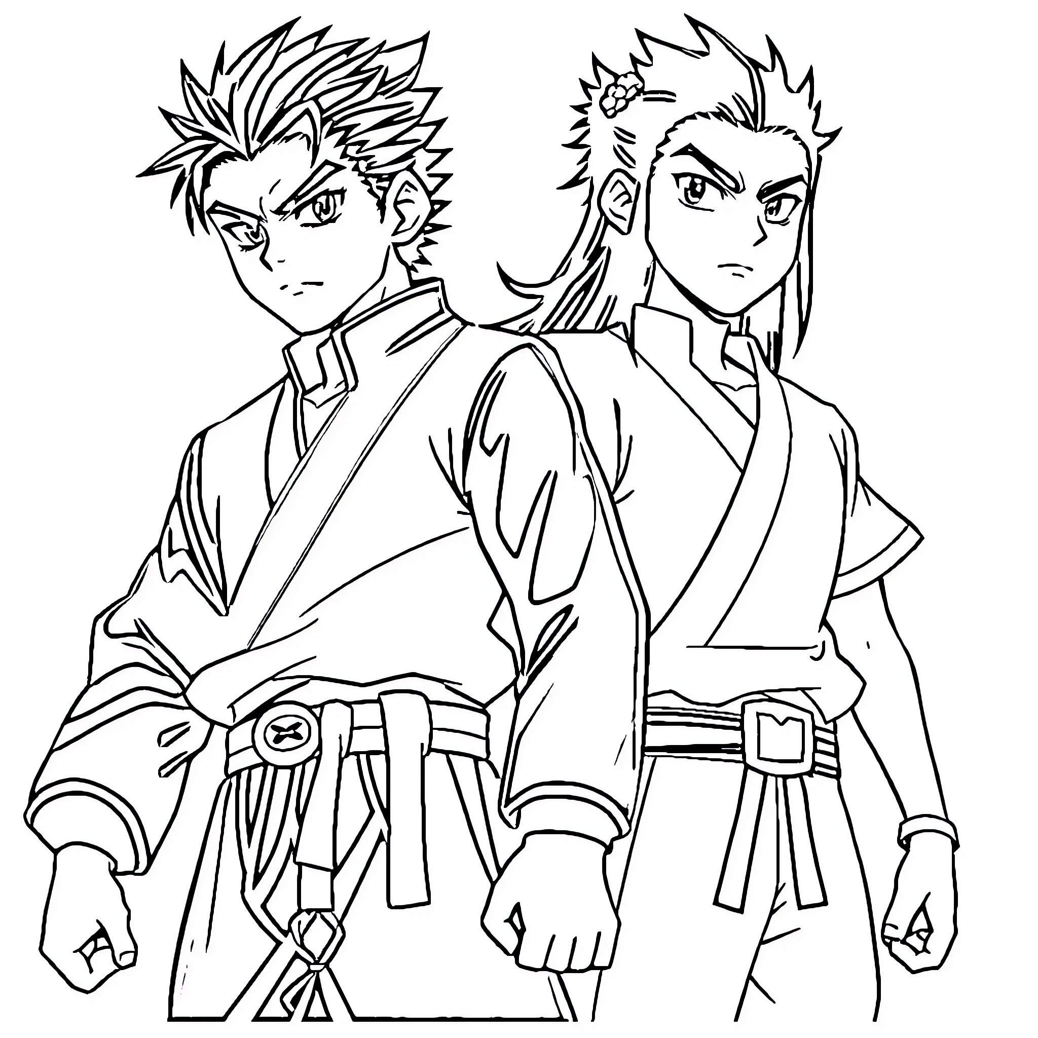 Tanjiro and Nezuko in Heroic Stance Coloring Page (free black-and-white line drawing printable PDF for all, from beginners to advanced learners, including children, teens, adults, and seniors)