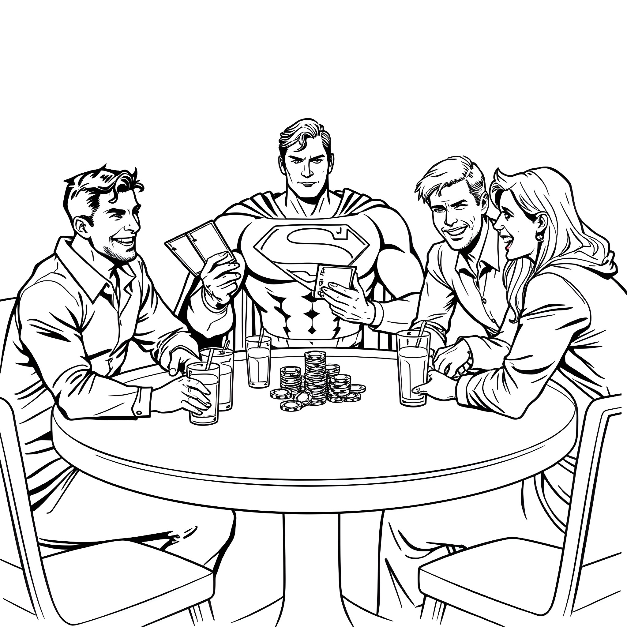 Superman having drinks with friends at a bar Coloring Page (free black-and-white line drawing printable PDF for all, from beginners to advanced learners, including children, teens, adults, and seniors)