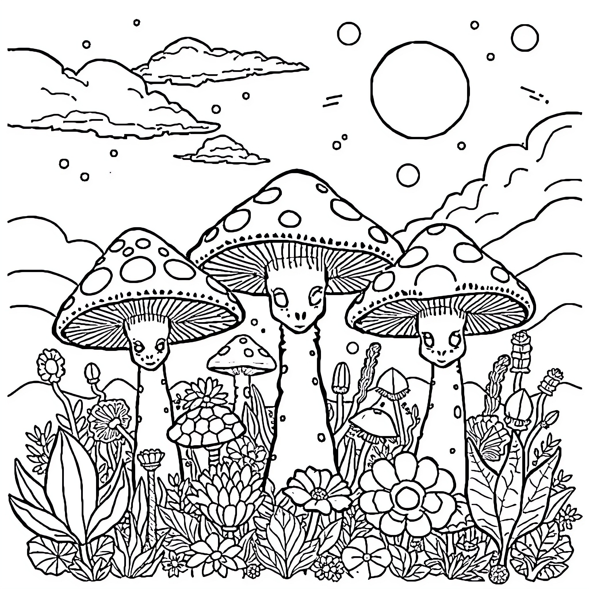 Mushroom Alien Landscape with Whimsical Mushroom Creatures Coloring Page (free black-and-white line drawing printable PDF for all, from beginners to advanced learners, including children, teens, adults, and seniors)