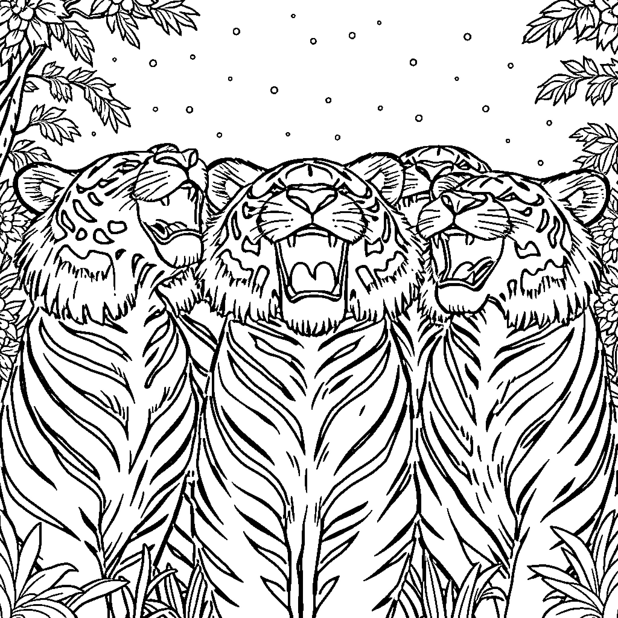 Tiger Trio Roaring in Jungle Foliage Coloring Page (free black-and-white line drawing printable PDF for all, from beginners to advanced learners, including children, teens, adults, and seniors)