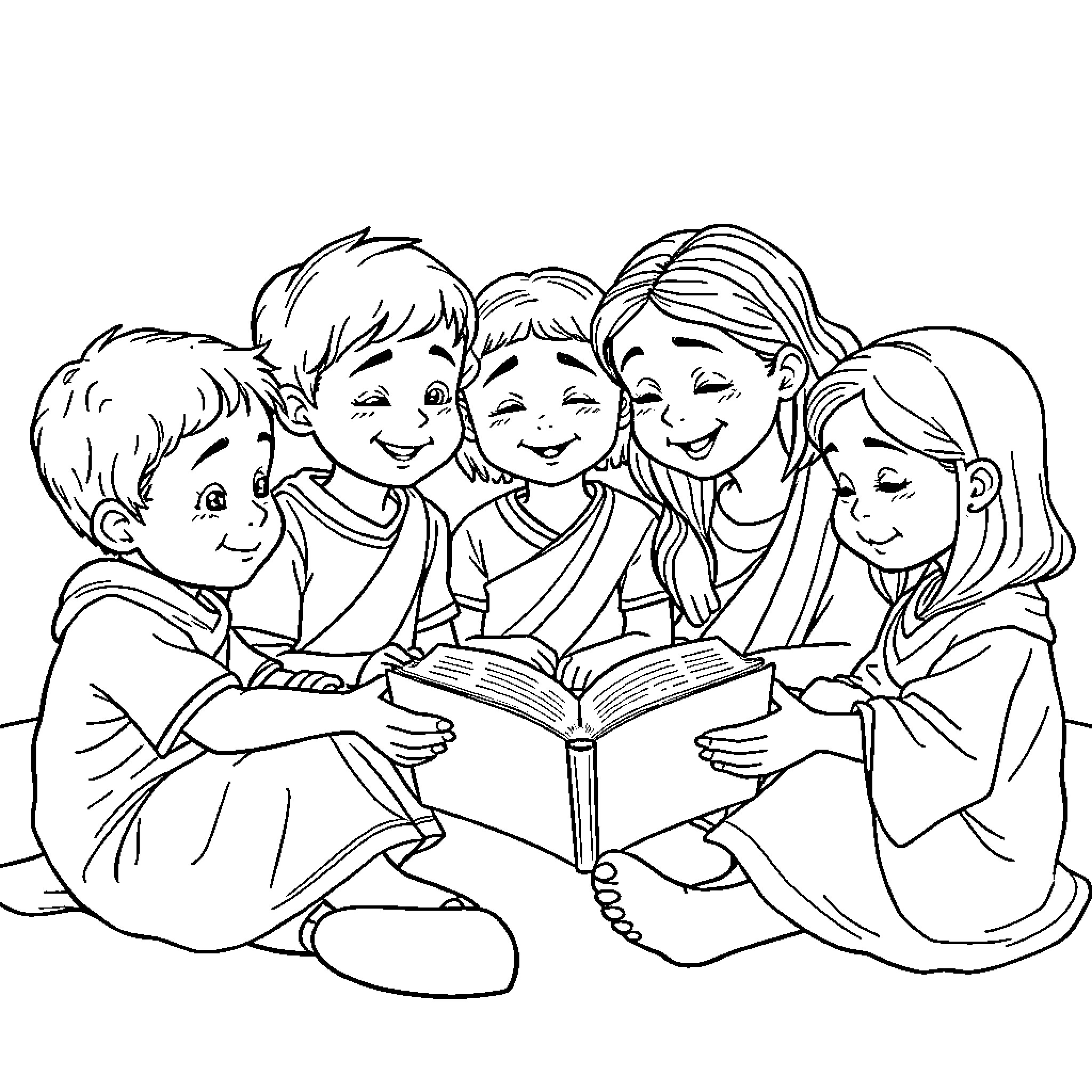 Children enjoying a book together Coloring Page (free black-and-white line drawing printable PDF for all, from beginners to advanced learners, including children, teens, adults, and seniors)