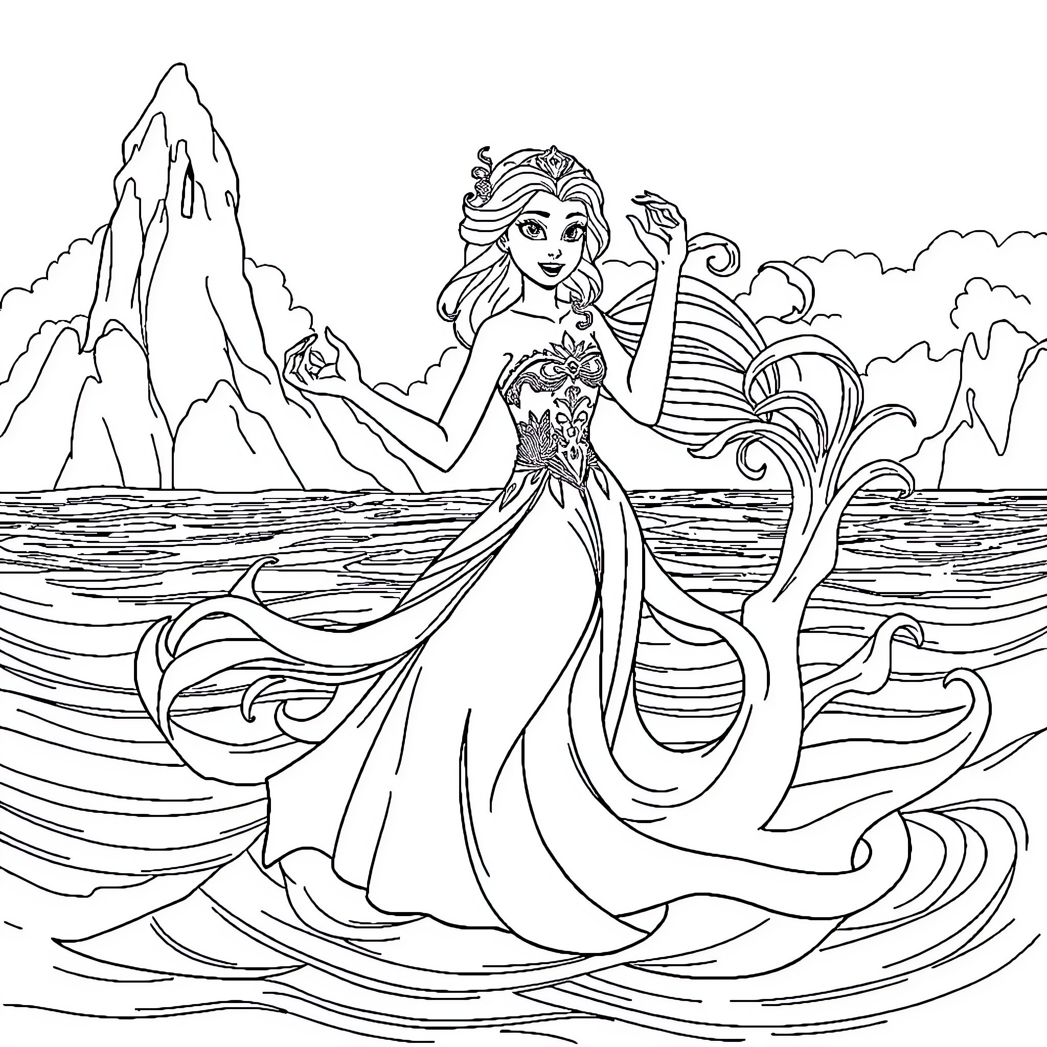 Mermaid princess in a magical underwater scene Coloring Page (free black-and-white line drawing printable PDF for all, from beginners to advanced learners, including children, teens, adults, and seniors)