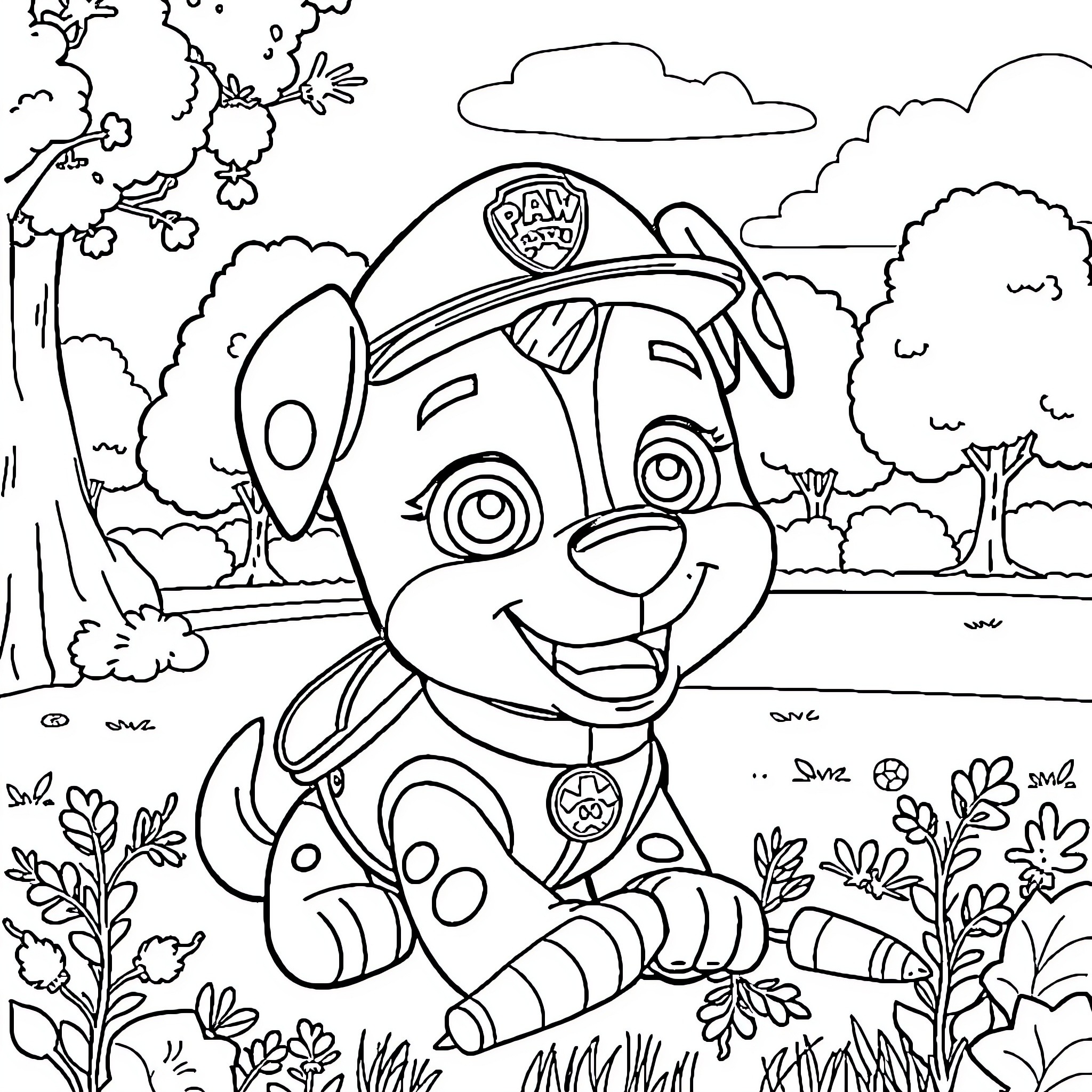 Paw Patrol Marshall playing in nature Coloring Page (free black-and-white line drawing printable PDF for all, from beginners to advanced learners, including children, teens, adults, and seniors)