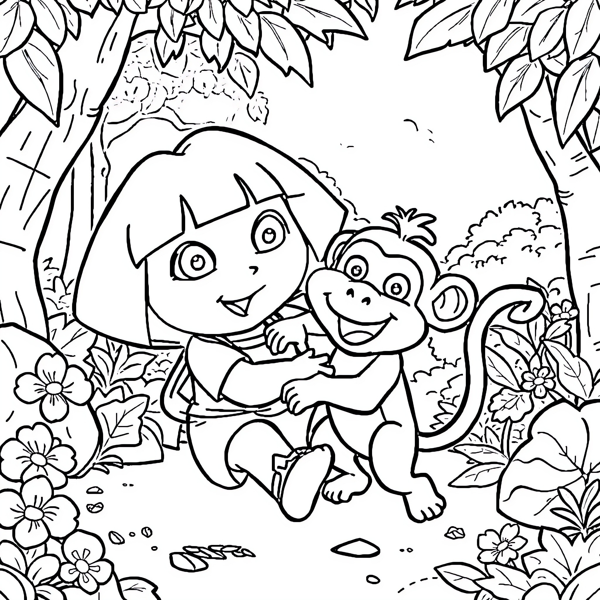 Dora and Boots exploring the lush forest Coloring Page (free black-and-white line drawing printable PDF for all, from beginners to advanced learners, including children, teens, adults, and seniors)