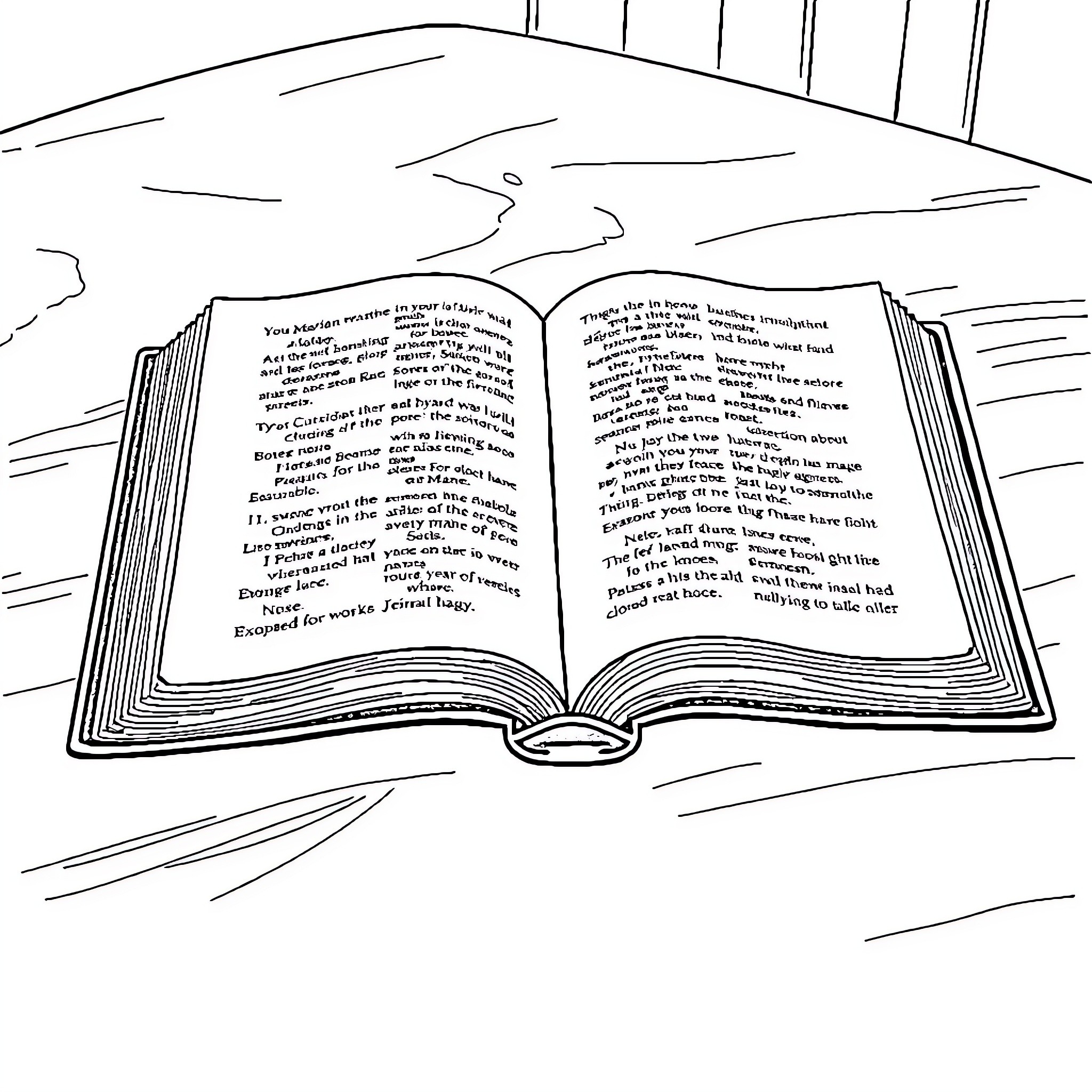 Bible open with text passages Coloring Page (free black-and-white line drawing printable PDF for all, from beginners to advanced learners, including children, teens, adults, and seniors)