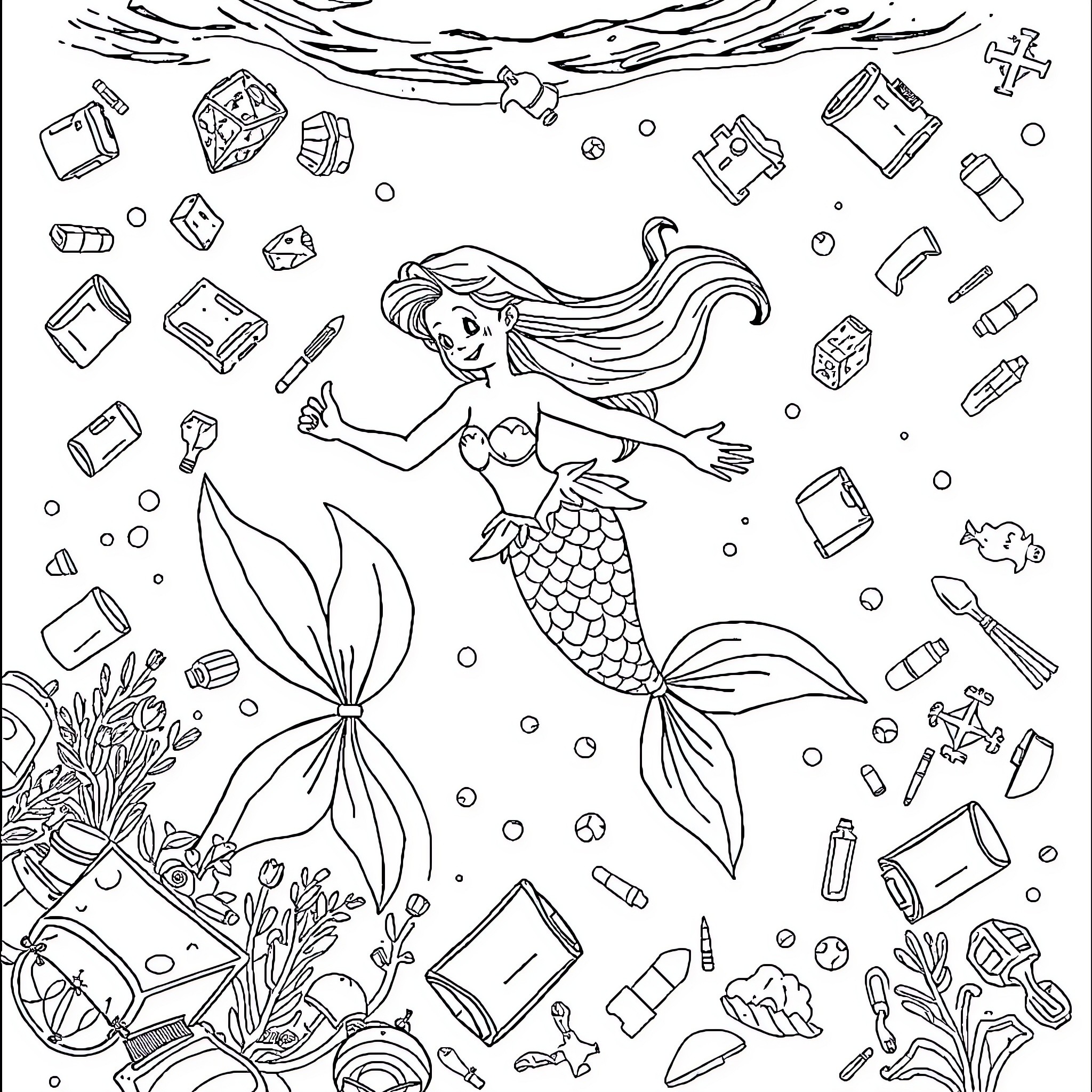 Mermaid Exploring the Underwater World Coloring Page (free black-and-white line drawing printable PDF for all, from beginners to advanced learners, including children, teens, adults, and seniors)