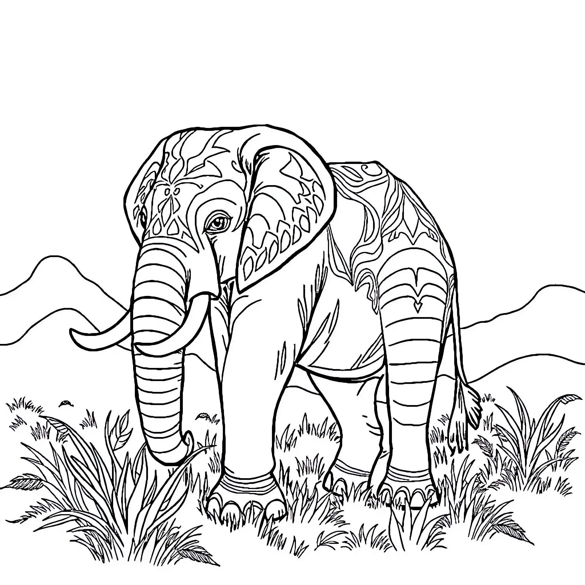 Elephant with intricate patterns in a natural setting Coloring Page (free black-and-white line drawing printable PDF for all, from beginners to advanced learners, including children, teens, adults, and seniors)