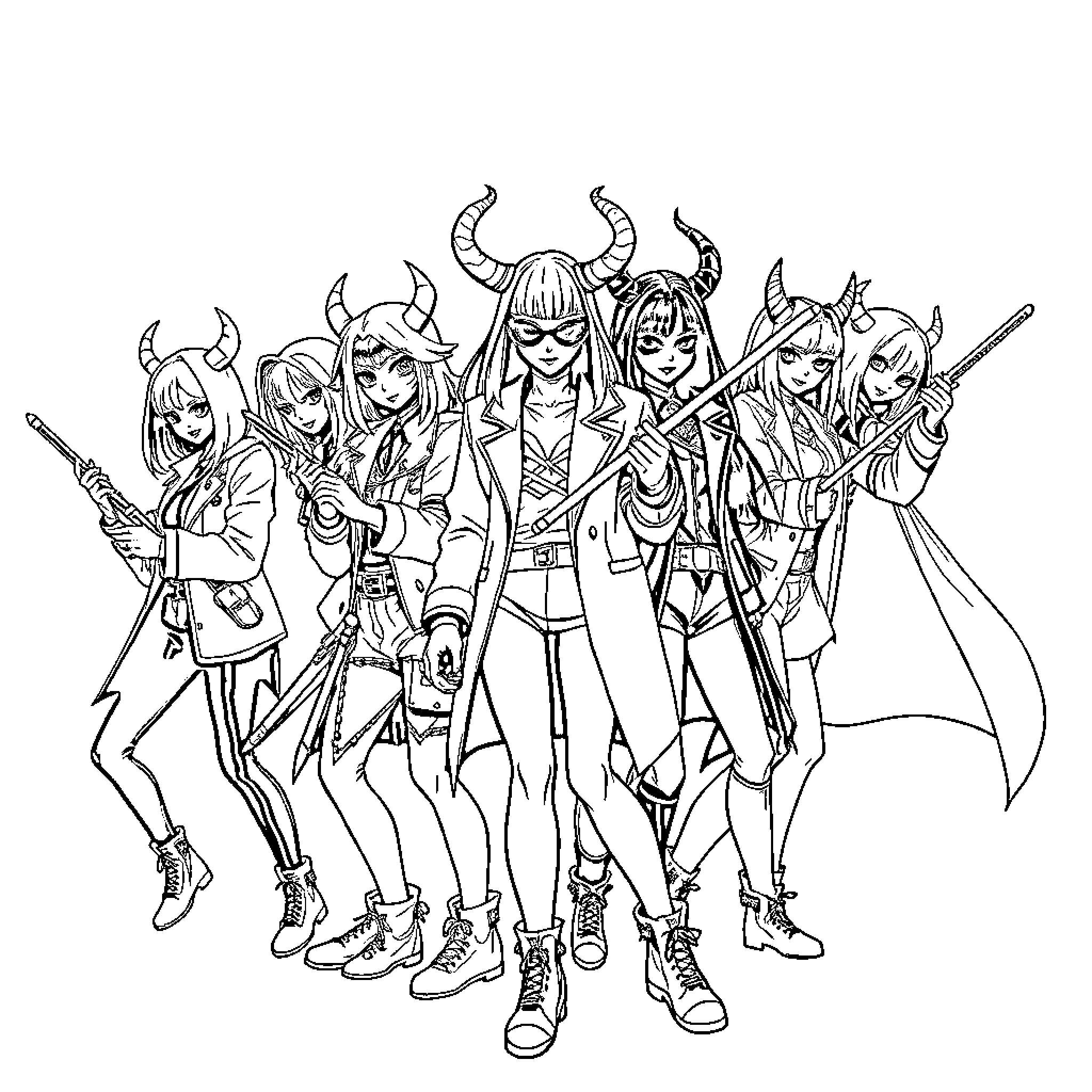 Demon Hunter Squad Wielding Weapons in Stylish Attire Coloring Page (free black-and-white line drawing printable PDF for all, from beginners to advanced learners, including children, teens, adults, and seniors)