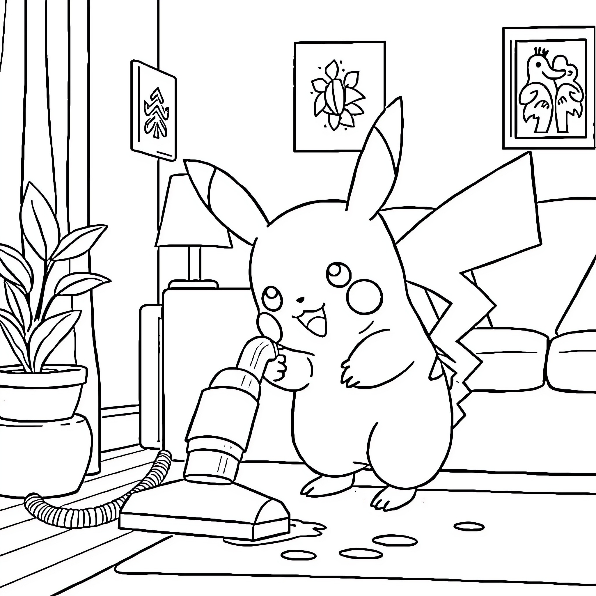 Pokémon Pikachu Cleaning the Room Coloring Page (free black-and-white line drawing printable PDF for all, from beginners to advanced learners, including children, teens, adults, and seniors)
