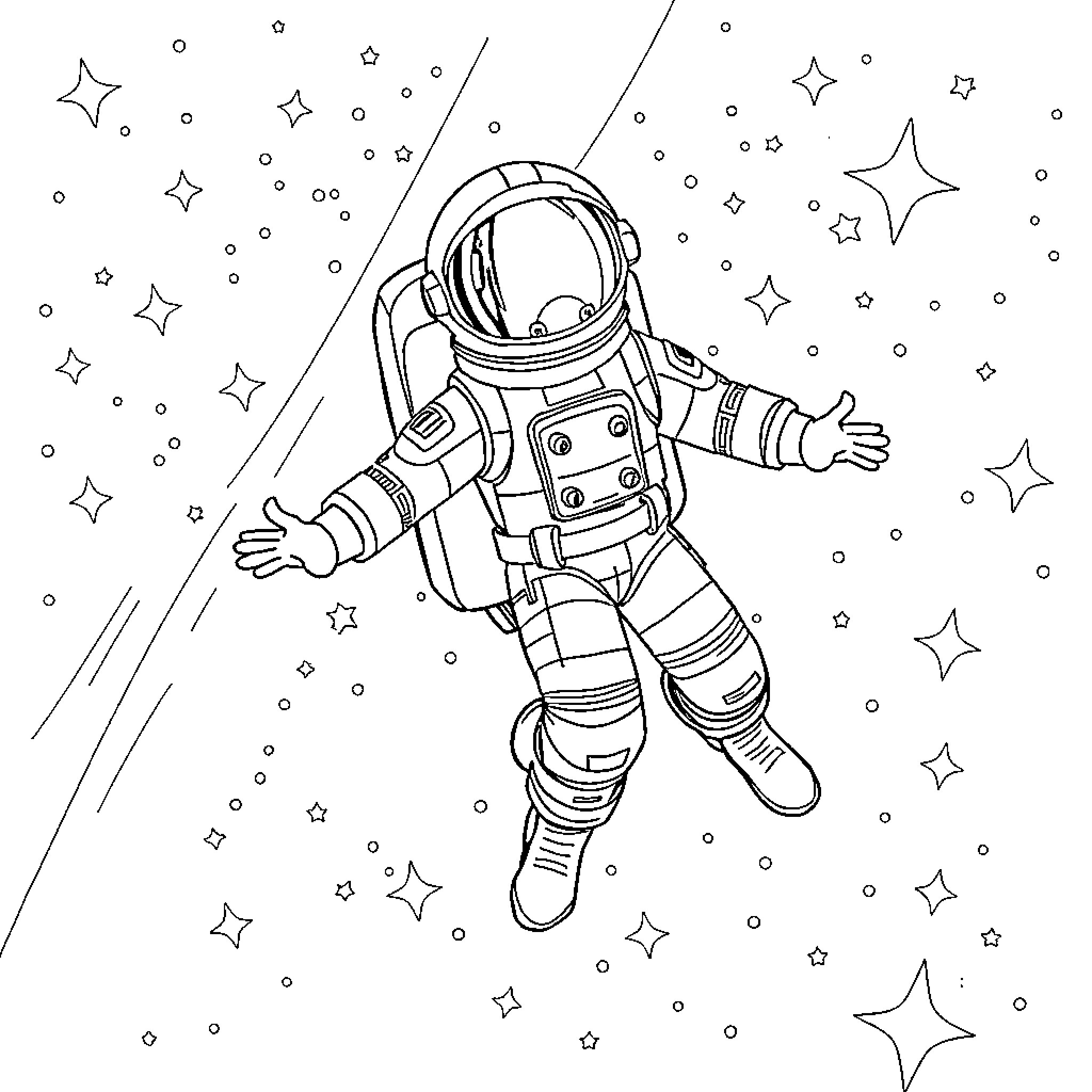 Paw Patrol Astronaut Floating in Space Coloring Page (free black-and-white line drawing printable PDF for all, from beginners to advanced learners, including children, teens, adults, and seniors)