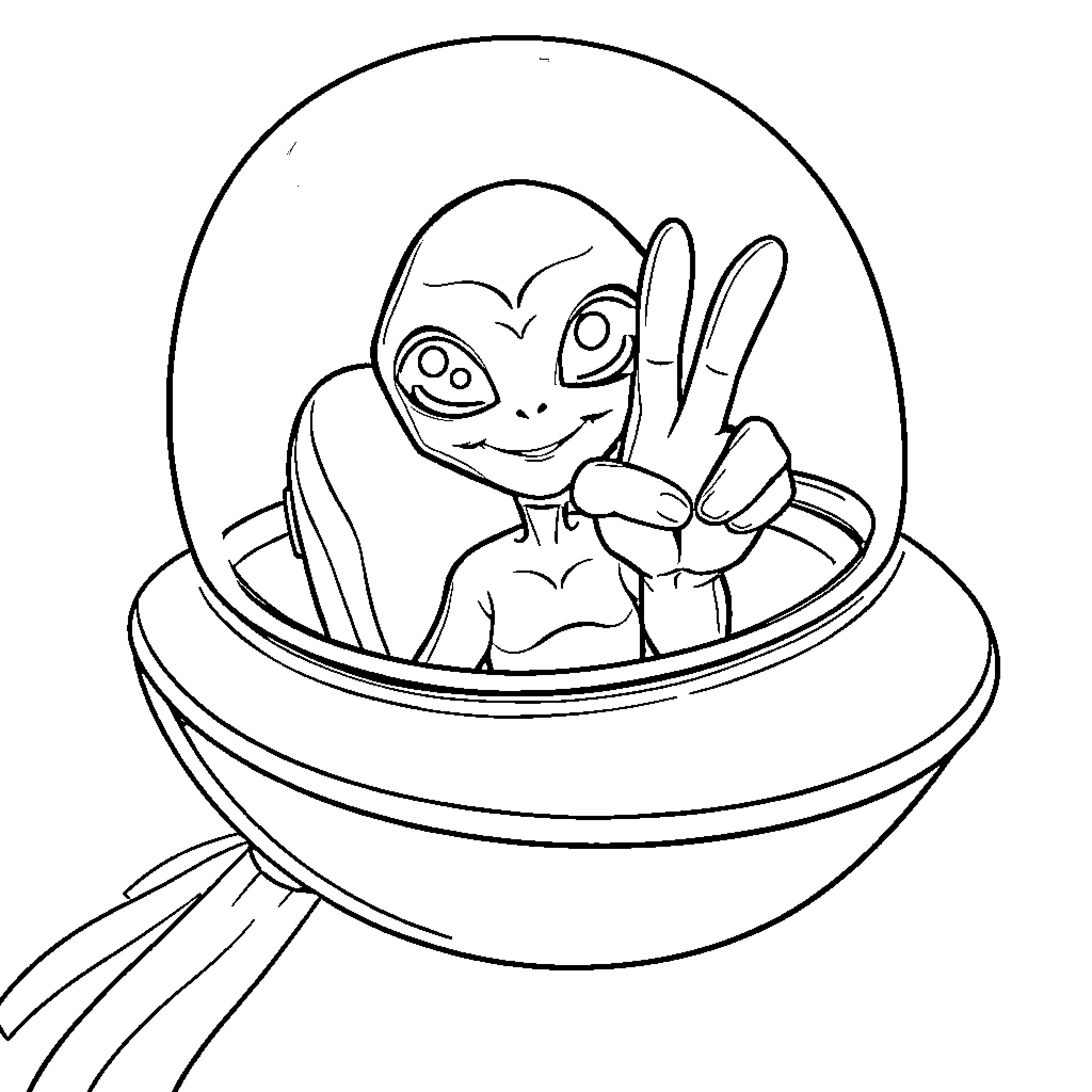 Alien Creature in Futuristic Spacecraft Coloring Page (free black-and-white line drawing printable PDF for all, from beginners to advanced learners, including children, teens, adults, and seniors)
