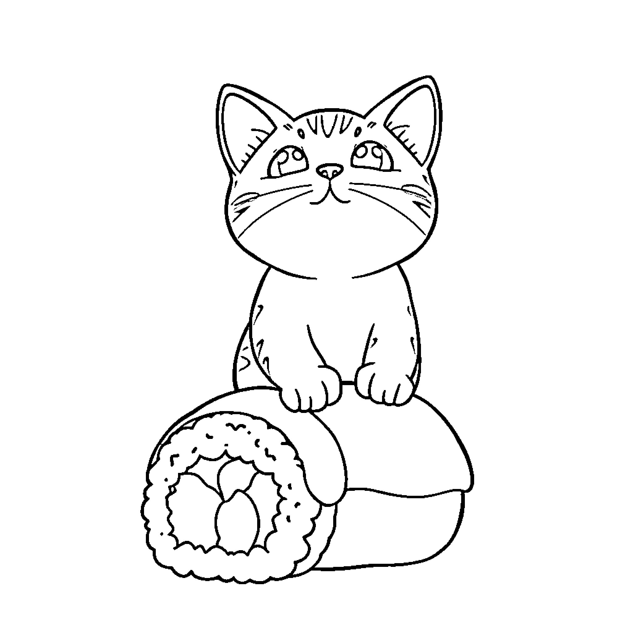 Cat Playing with Sushi Roll Coloring Page (free black-and-white line drawing printable PDF for all, from beginners to advanced learners, including children, teens, adults, and seniors)