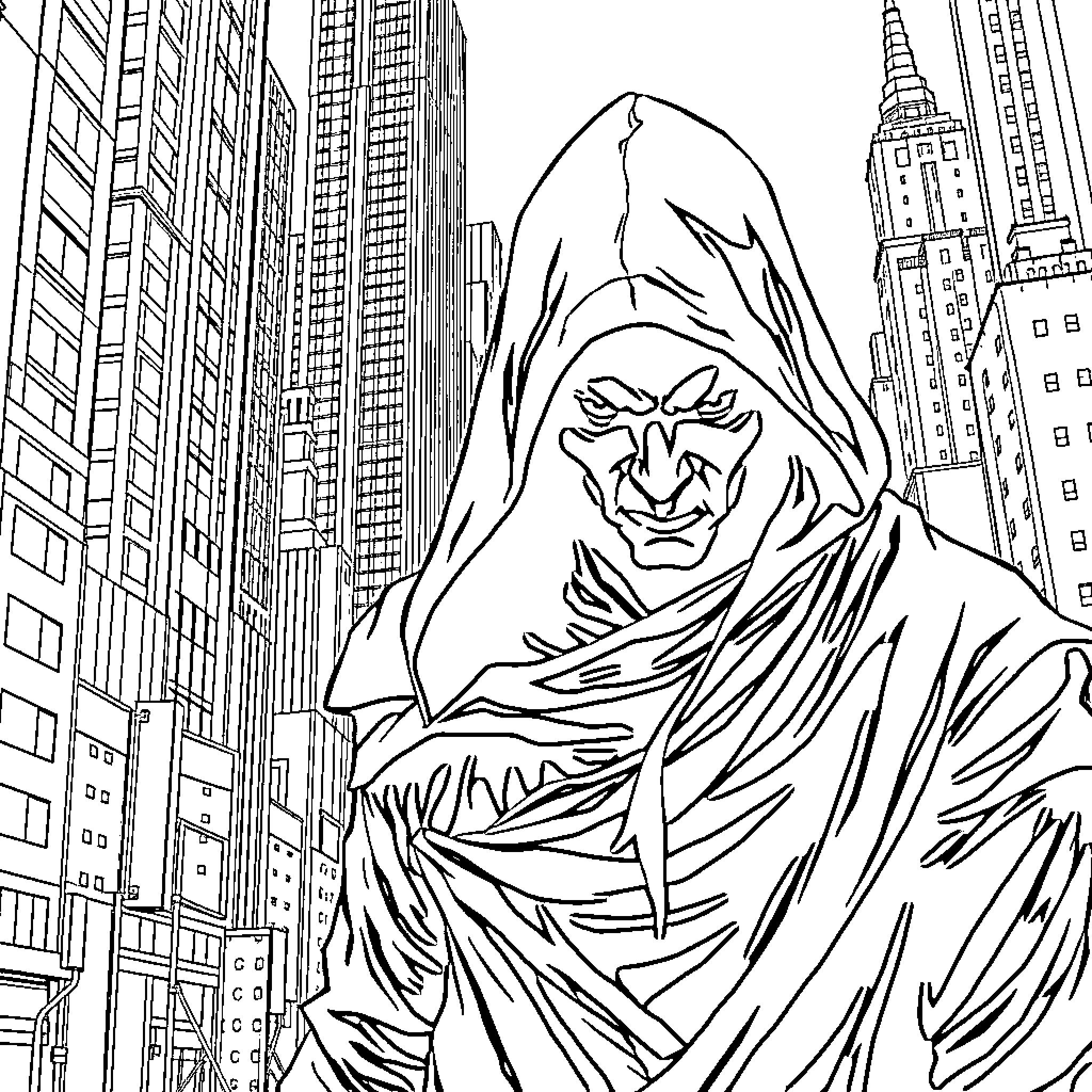 Assassin Stalking Prey in Towering City Coloring Page (free black-and-white line drawing printable PDF for all, from beginners to advanced learners, including children, teens, adults, and seniors)