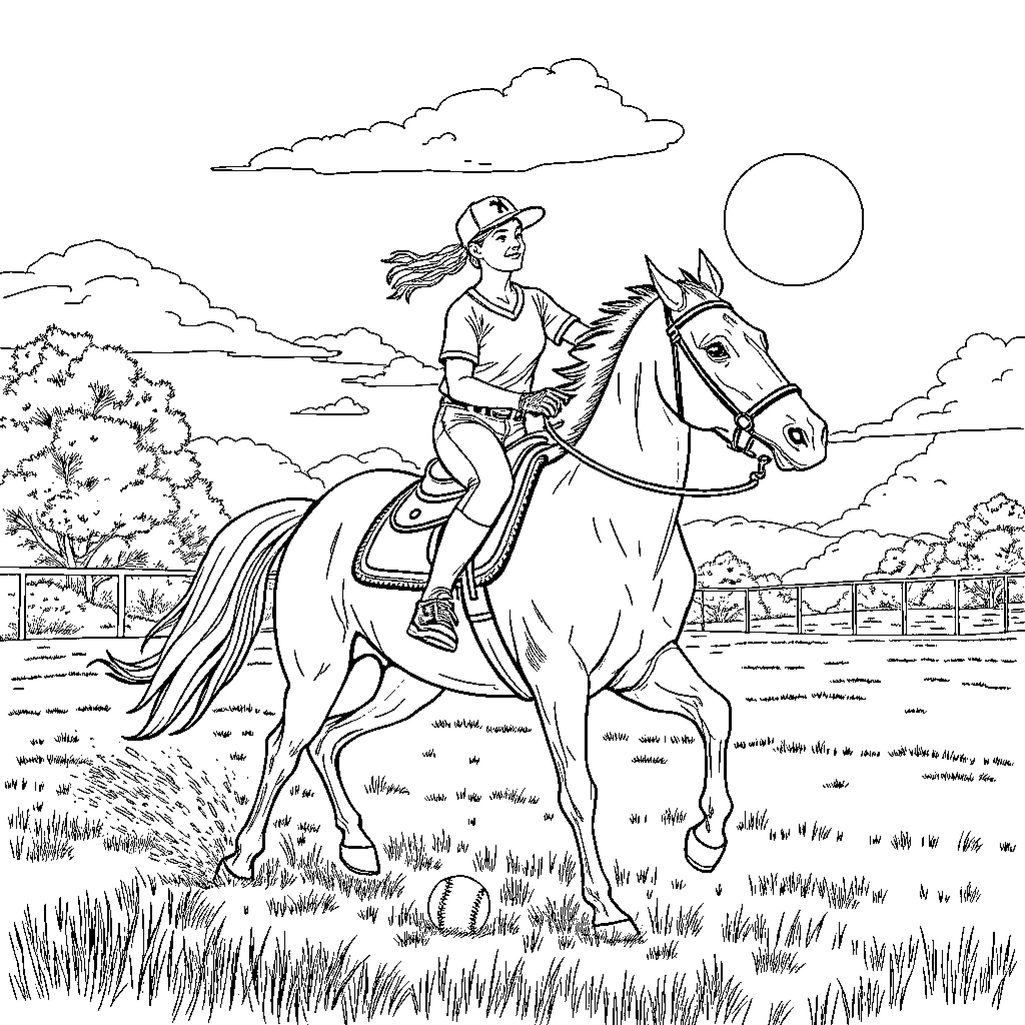 Softball Player Riding Horse in Outdoor Landscape Coloring Page (free black-and-white line drawing printable PDF for all, from beginners to advanced learners, including children, teens, adults, and seniors)