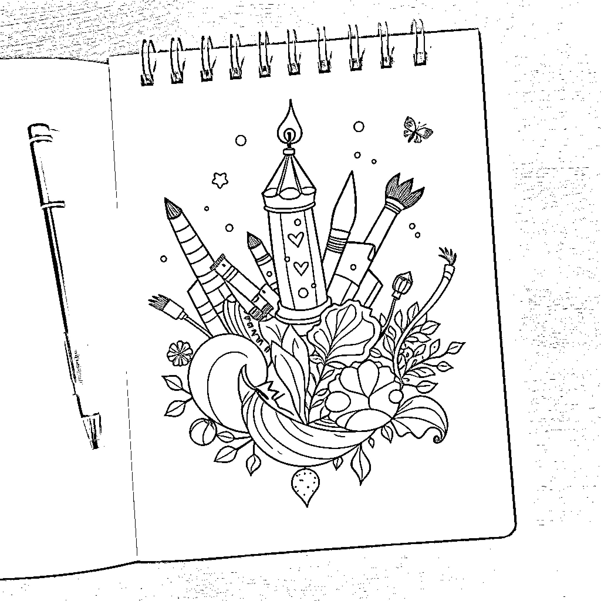 Doodle of whimsical stationery and floral elements Coloring Page (free black-and-white line drawing printable PDF for all, from beginners to advanced learners, including children, teens, adults, and seniors)