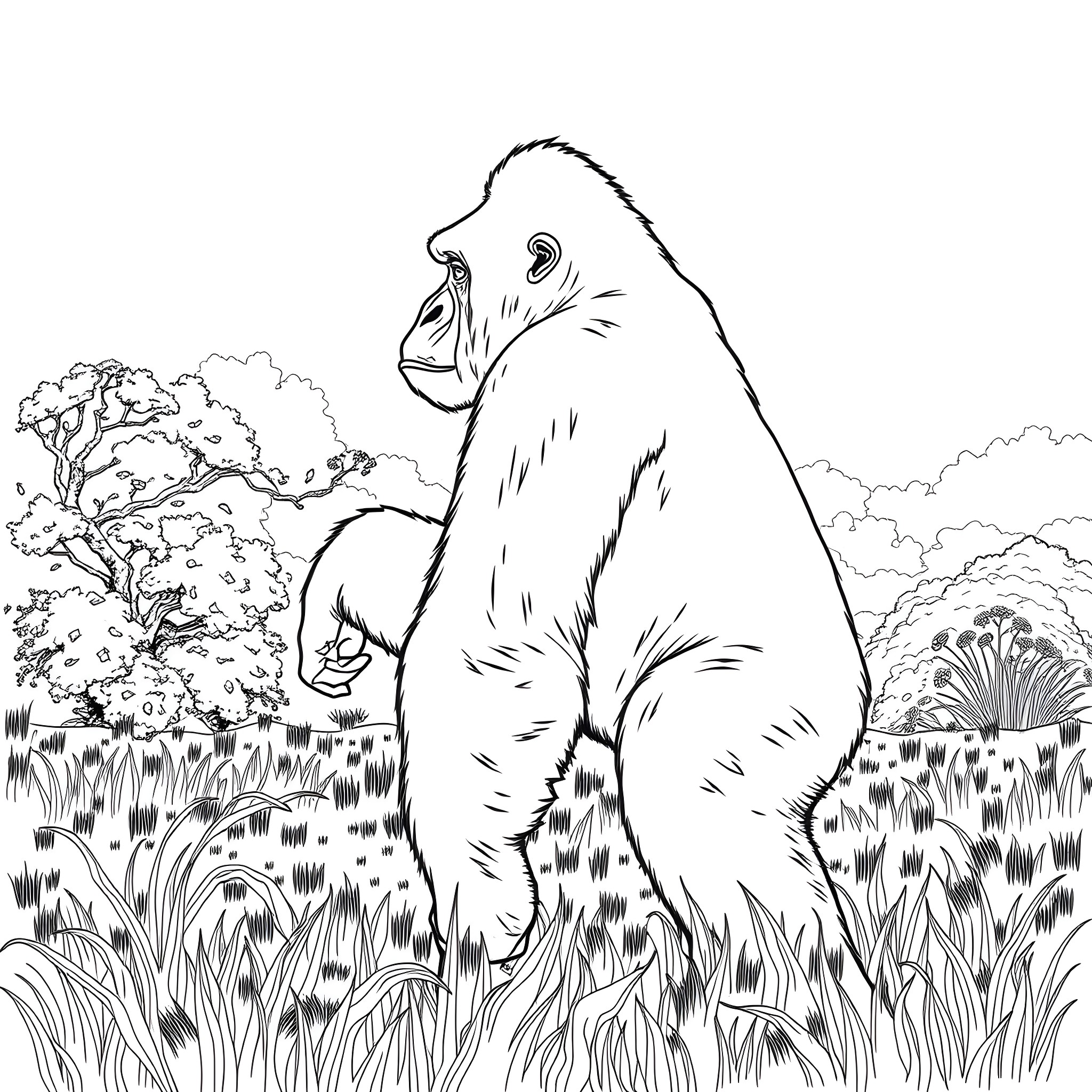 Gorilla sitting peacefully in the wild Coloring Page (free black-and-white line drawing printable PDF for all, from beginners to advanced learners, including children, teens, adults, and seniors)