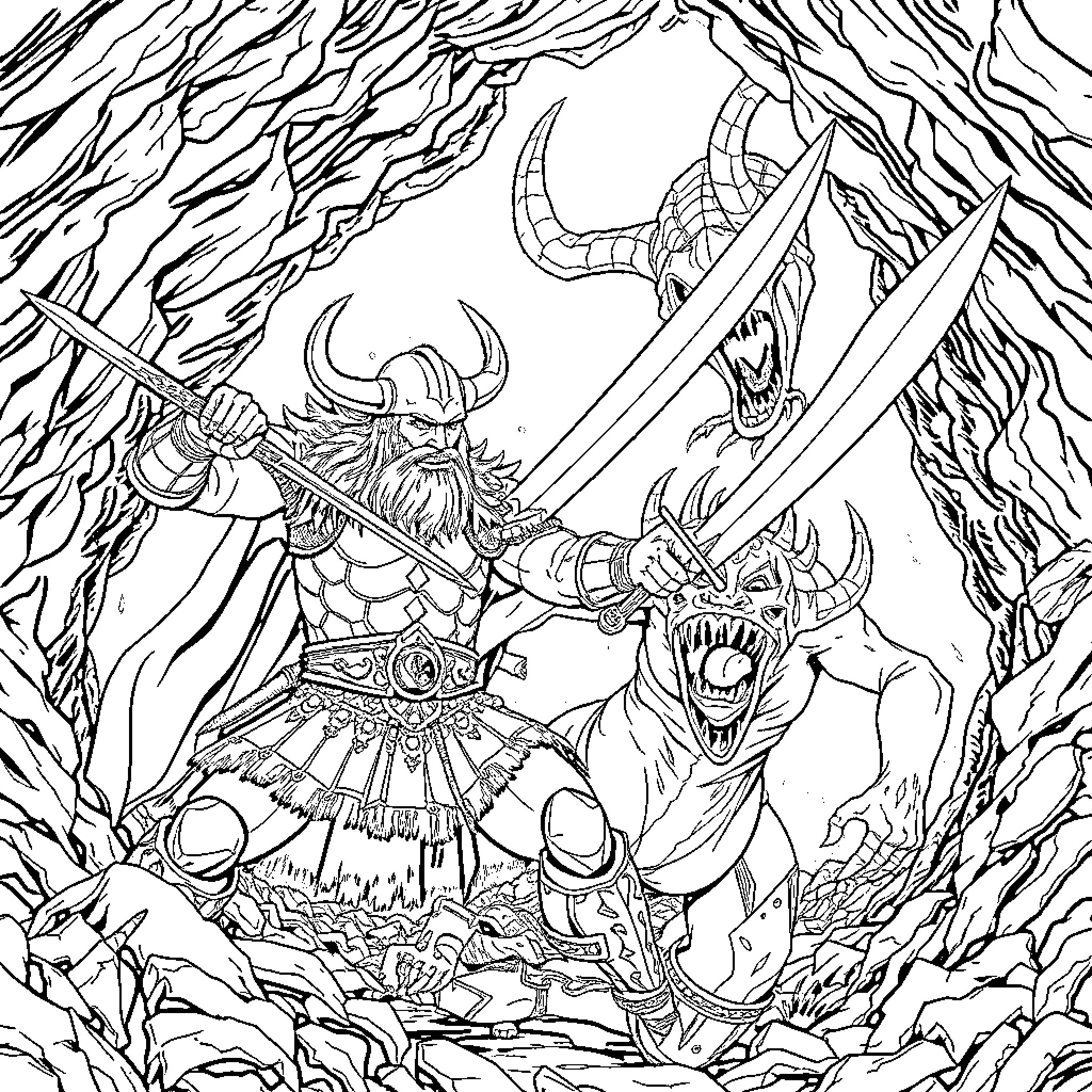 Viking warrior fiercely battling mythical creature Coloring Page (free black-and-white line drawing printable PDF for all, from beginners to advanced learners, including children, teens, adults, and seniors)