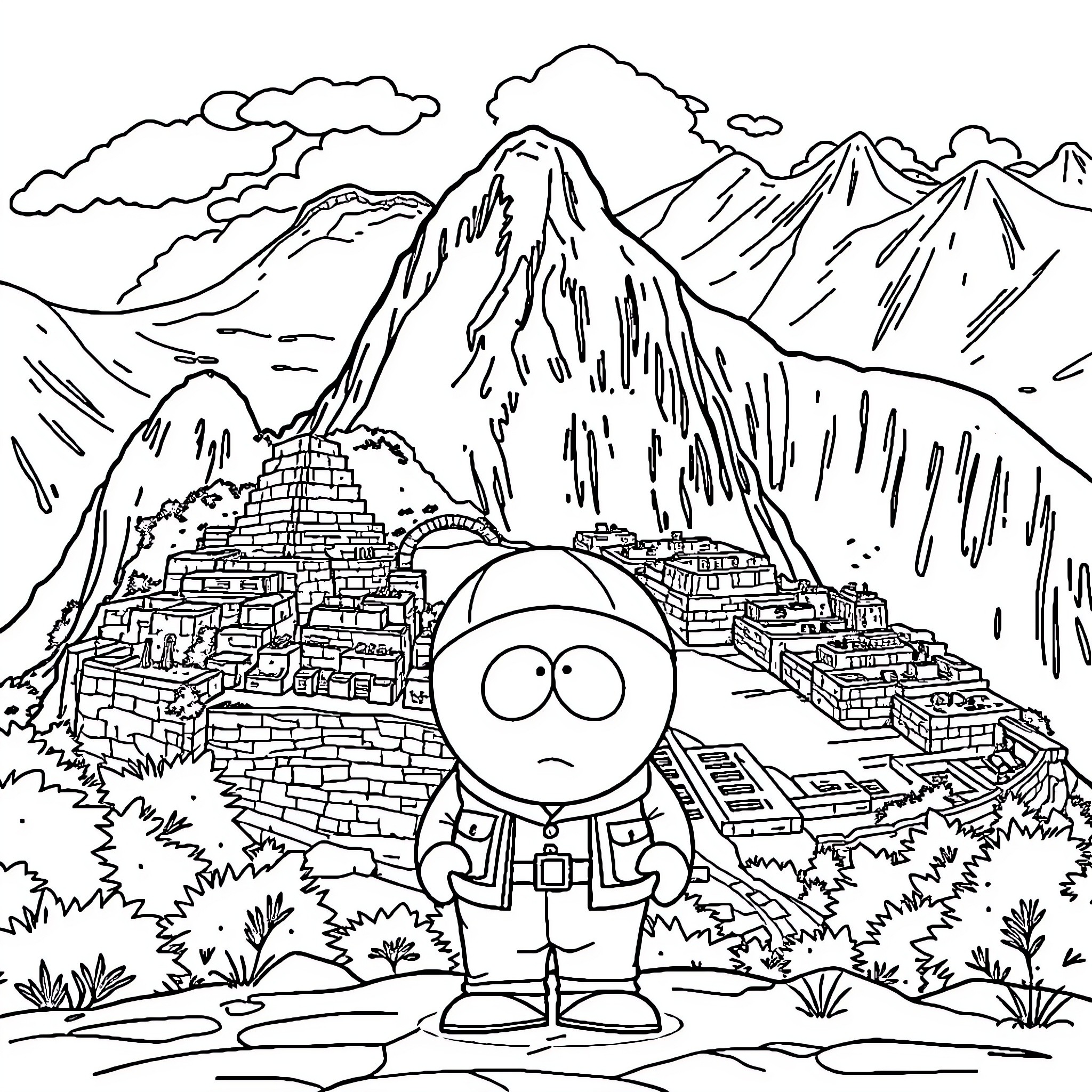 Eric Cartman explores the Andes mountains Coloring Page (free black-and-white line drawing printable PDF for all, from beginners to advanced learners, including children, teens, adults, and seniors)