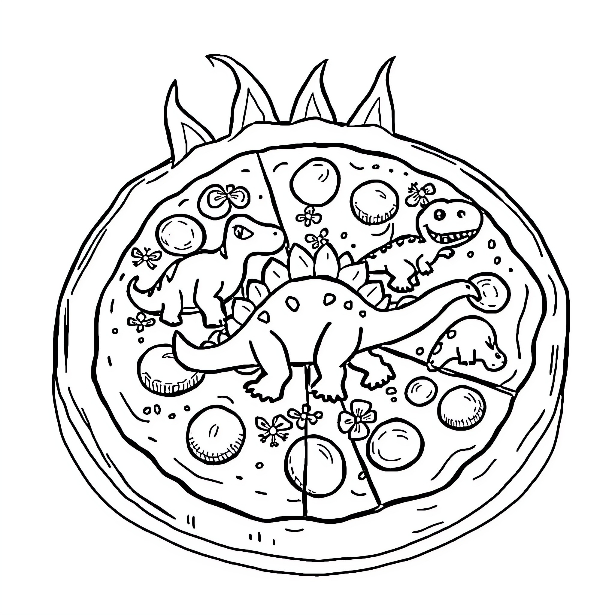 Dinosaur doodles in a playful circle Coloring Page (free black-and-white line drawing printable PDF for all, from beginners to advanced learners, including children, teens, adults, and seniors)