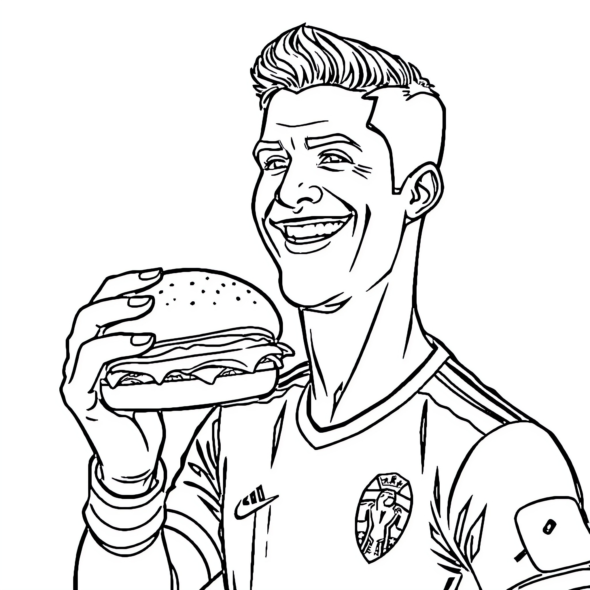 Ronaldo enjoying a tasty hamburger with enthusiasm Coloring Page (free black-and-white line drawing printable PDF for all, from beginners to advanced learners, including children, teens, adults, and seniors)