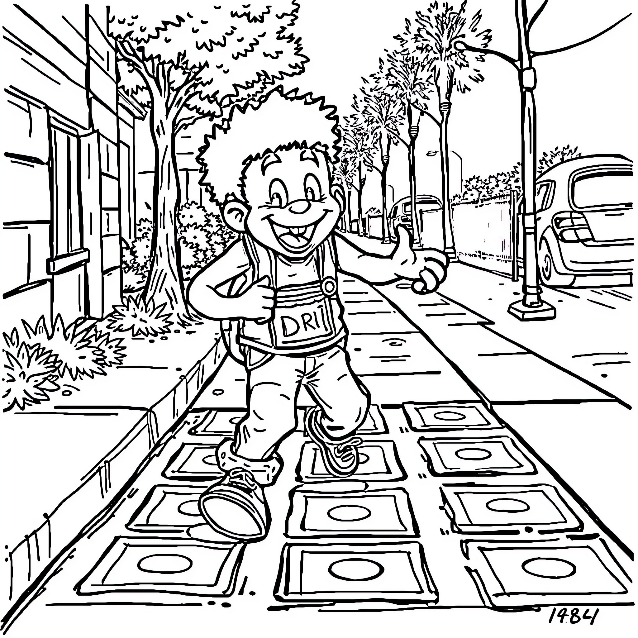 Dime Bag Darrel's Playful Stroll through the Neighborhood Coloring Page (free black-and-white line drawing printable PDF for all, from beginners to advanced learners, including children, teens, adults, and seniors)