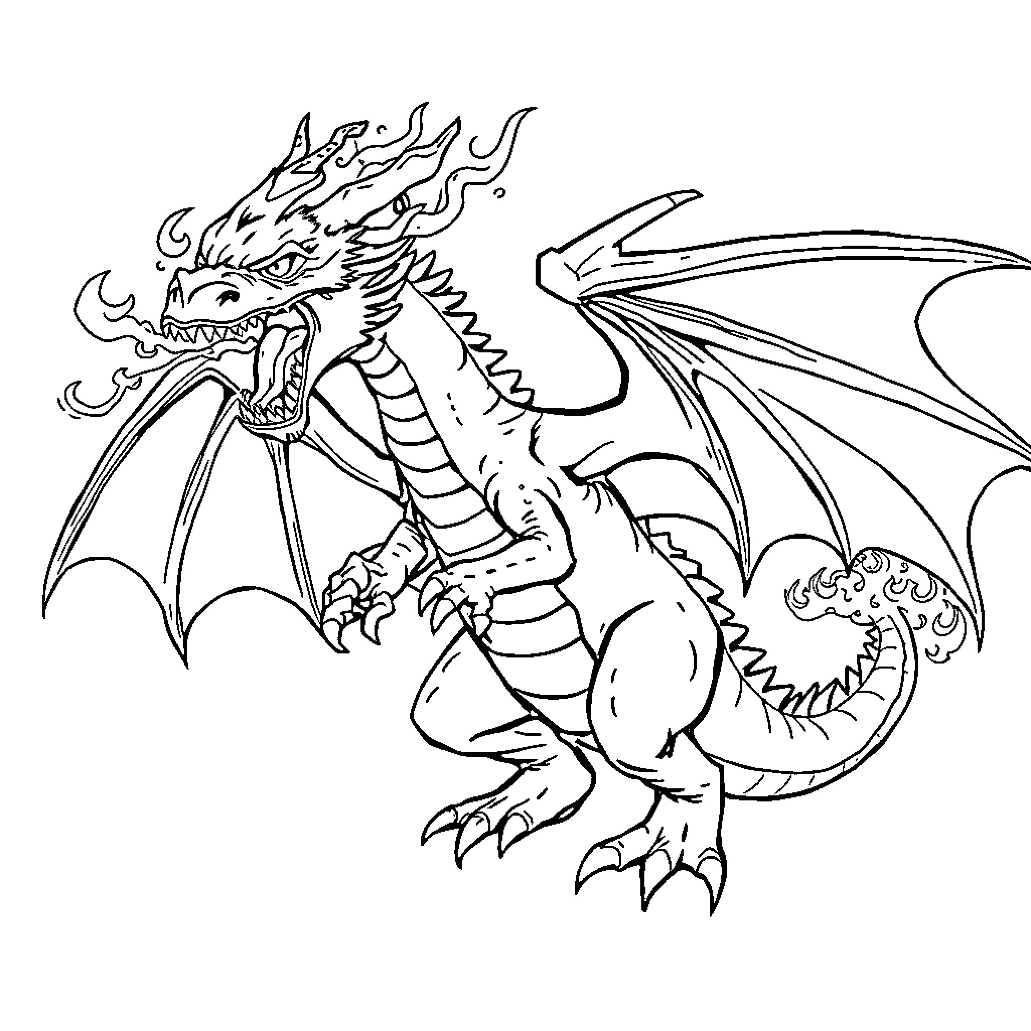 Dragon breathing fire in a fierce pose Coloring Page (free black-and-white line drawing printable PDF for all, from beginners to advanced learners, including children, teens, adults, and seniors)