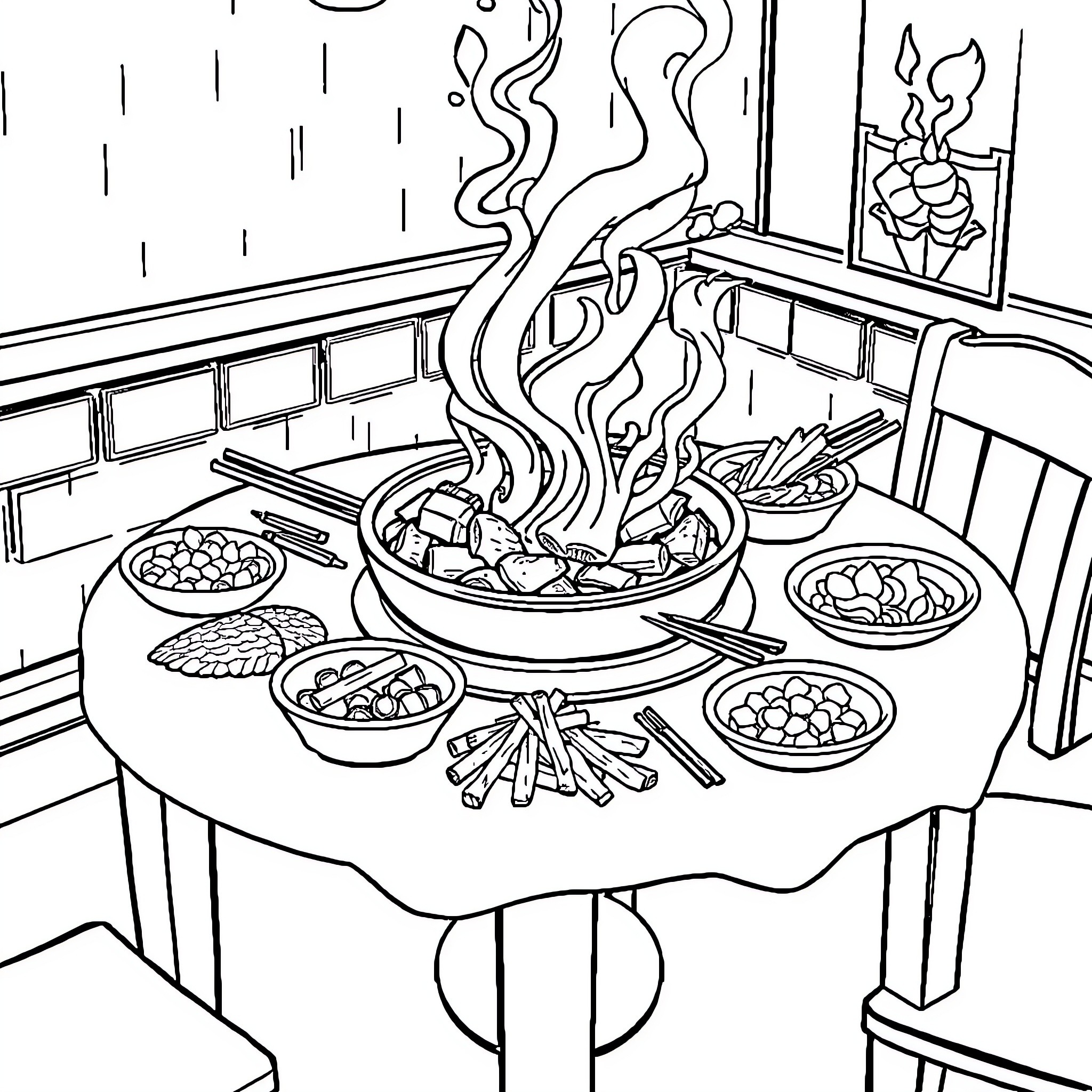 Korean BBQ feast with steaming hot pot and shared dishes Coloring Page (free black-and-white line drawing printable PDF for all, from beginners to advanced learners, including children, teens, adults, and seniors)