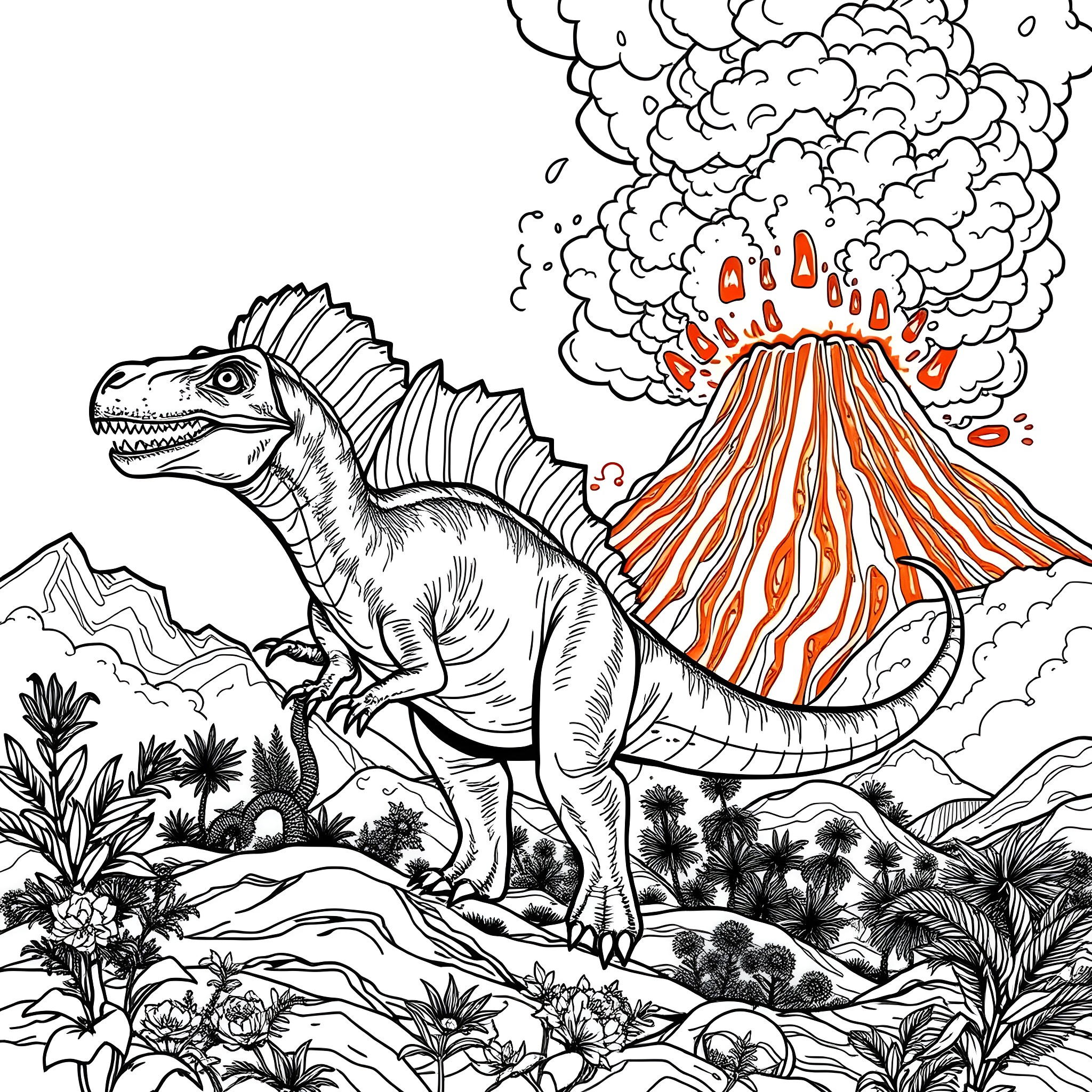 Spinosaurus exploring a volcanic landscape Coloring Page (free black-and-white line drawing printable PDF for all, from beginners to advanced learners, including children, teens, adults, and seniors)