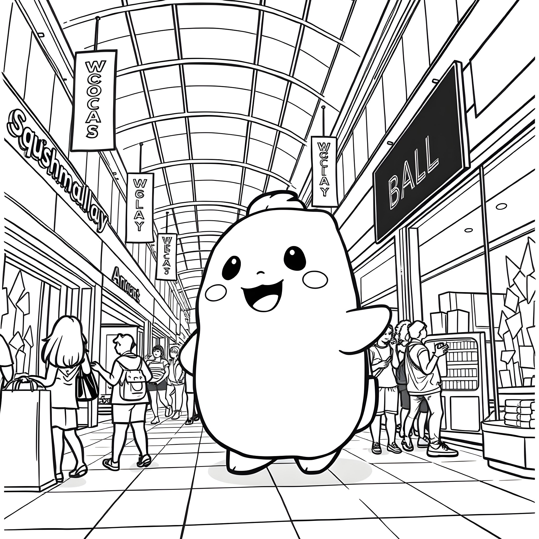 Squishmallow character exploring a busy shopping mall Coloring Page (free black-and-white line drawing printable PDF for all, from beginners to advanced learners, including children, teens, adults, and seniors)