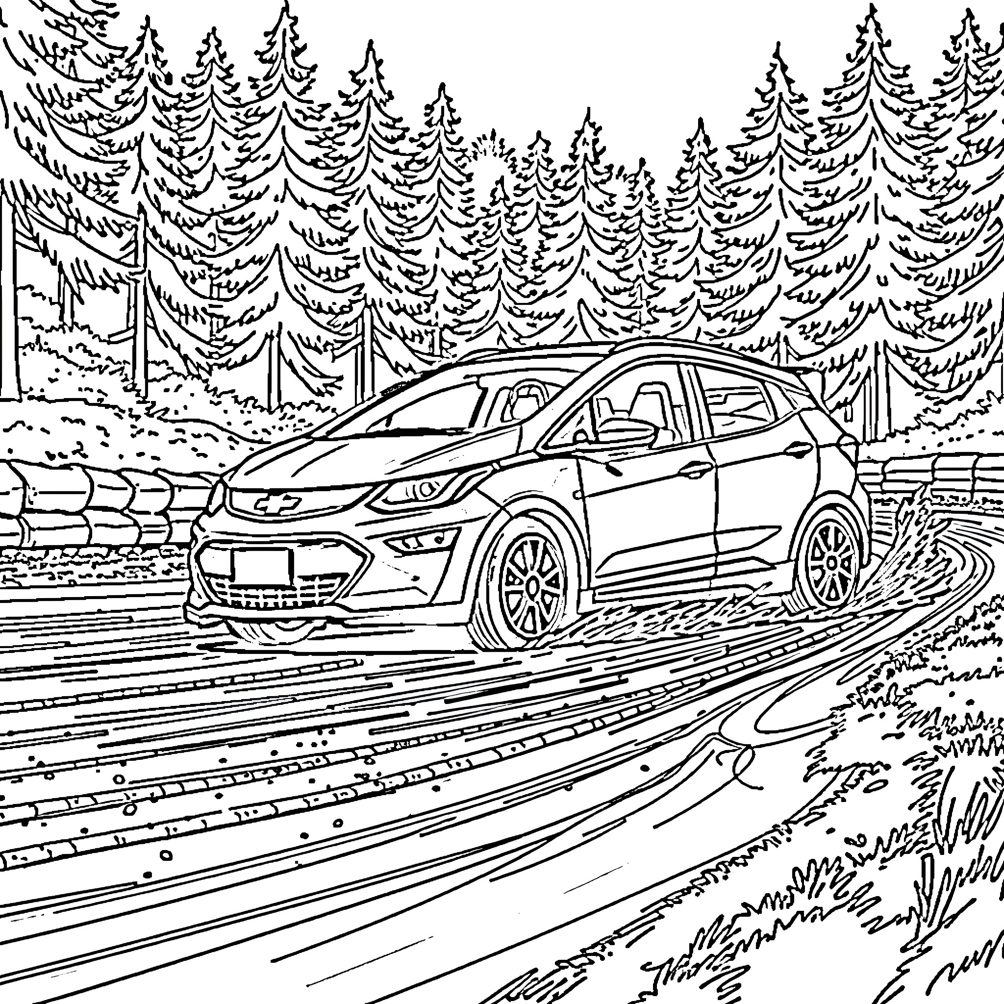 Chevy Bolt driving on snowy road through forest Coloring Page (free black-and-white line drawing printable PDF for all, from beginners to advanced learners, including children, teens, adults, and seniors)