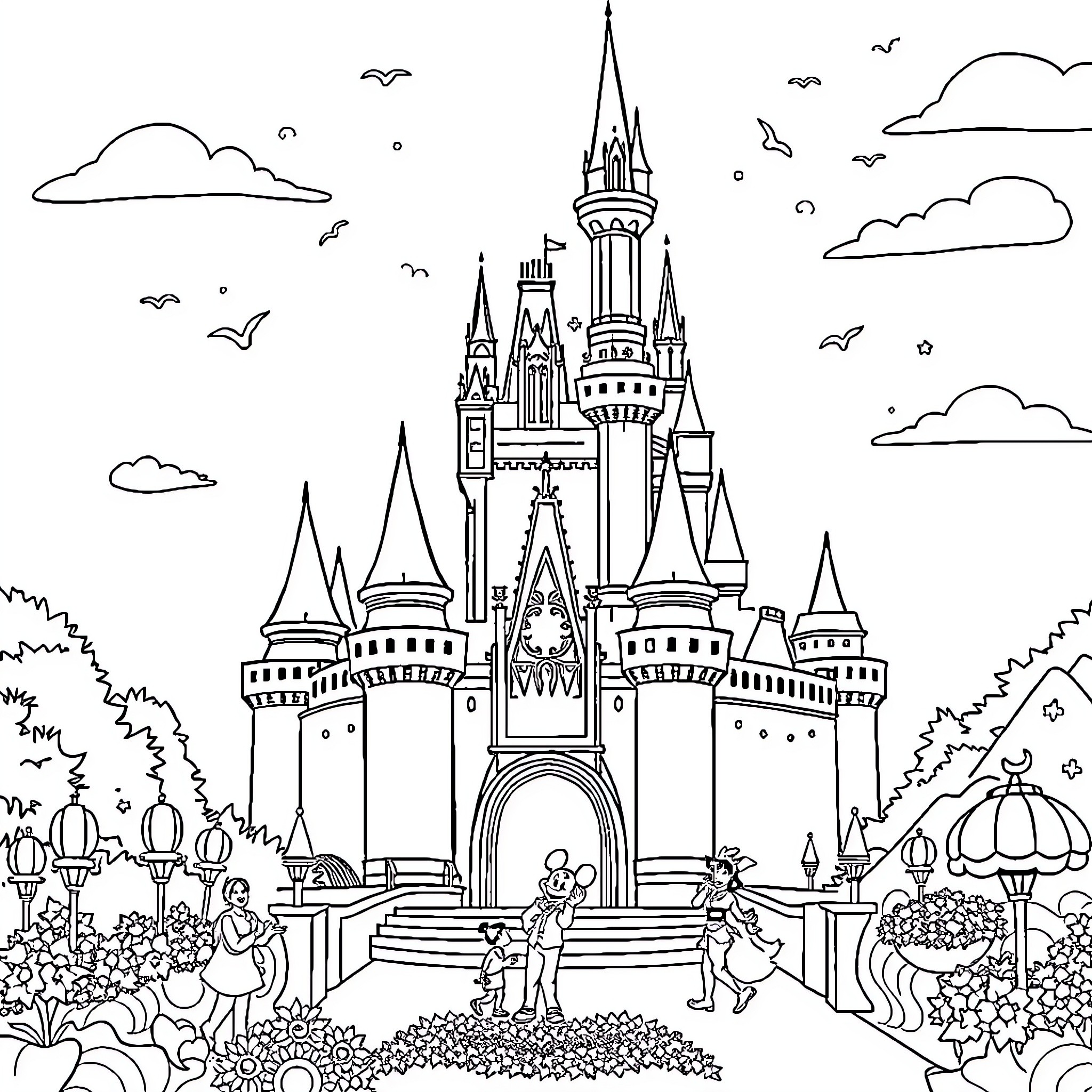 Disney Castle and Whimsical Characters in Animated Scene Coloring Page (free black-and-white line drawing printable PDF for all, from beginners to advanced learners, including children, teens, adults, and seniors)