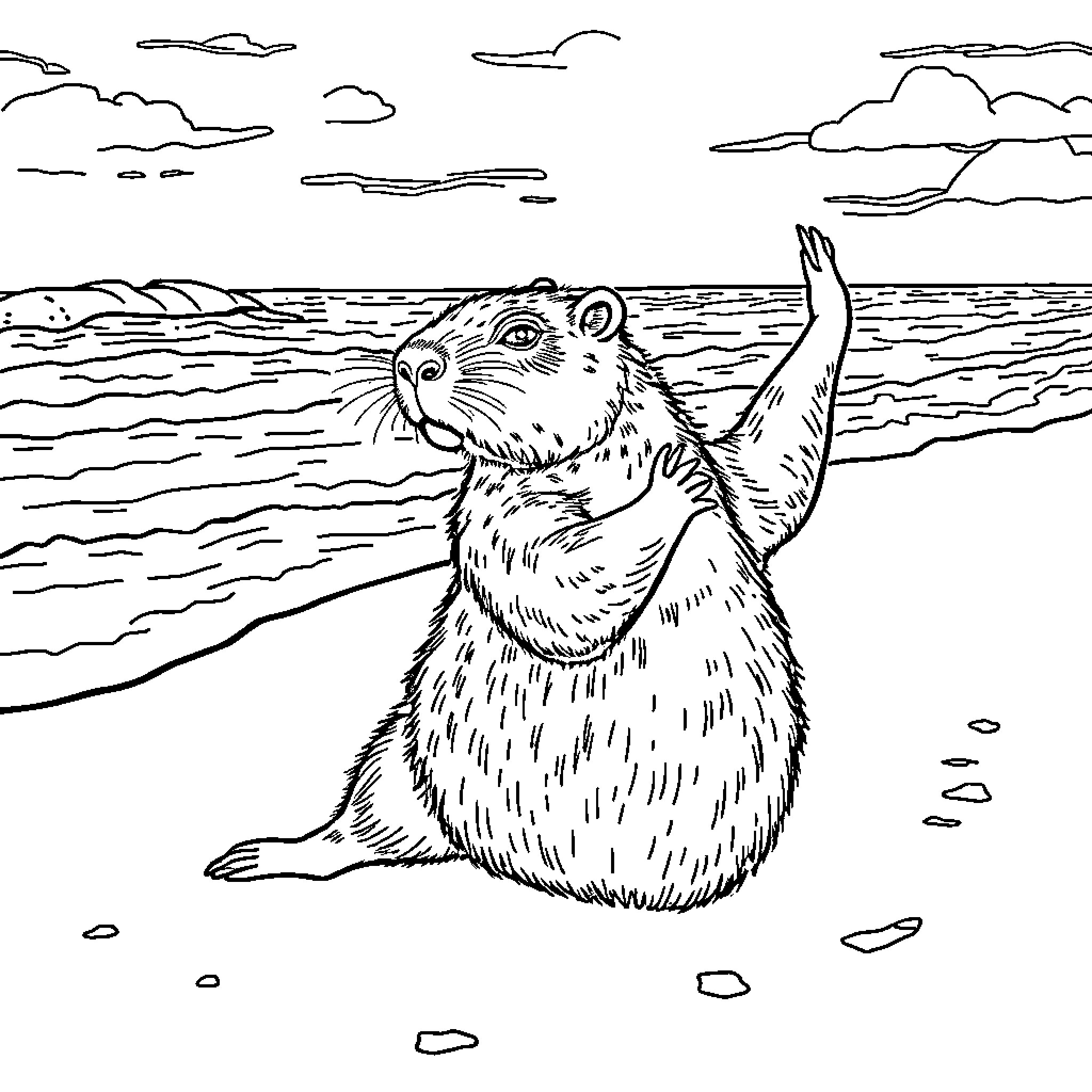 Capybara Wading in the Sea Coloring Page (free black-and-white line drawing printable PDF for all, from beginners to advanced learners, including children, teens, adults, and seniors)