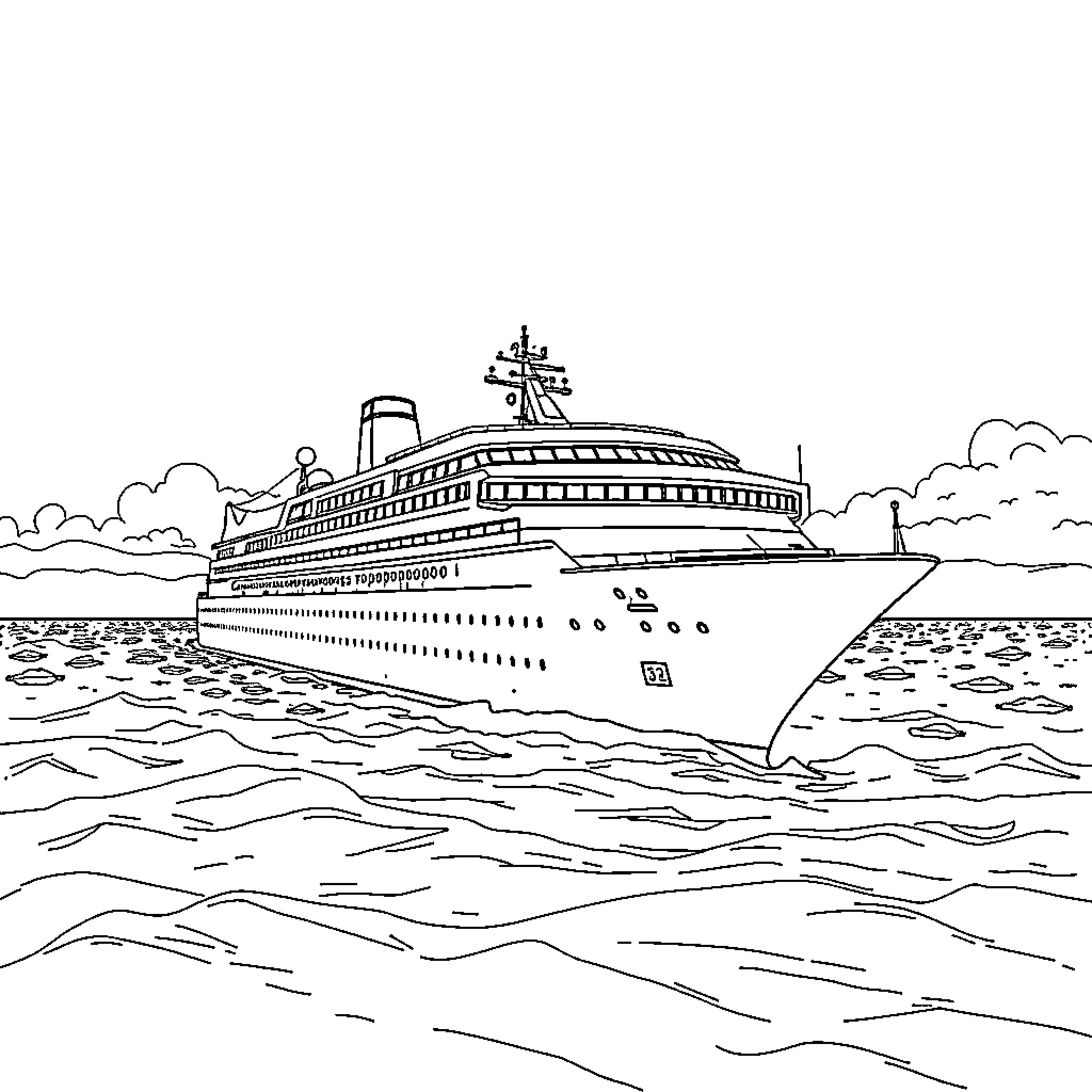 Cruise Ship Sailing on Calm Waters Coloring Page (free black-and-white line drawing printable PDF for all, from beginners to advanced learners, including children, teens, adults, and seniors)