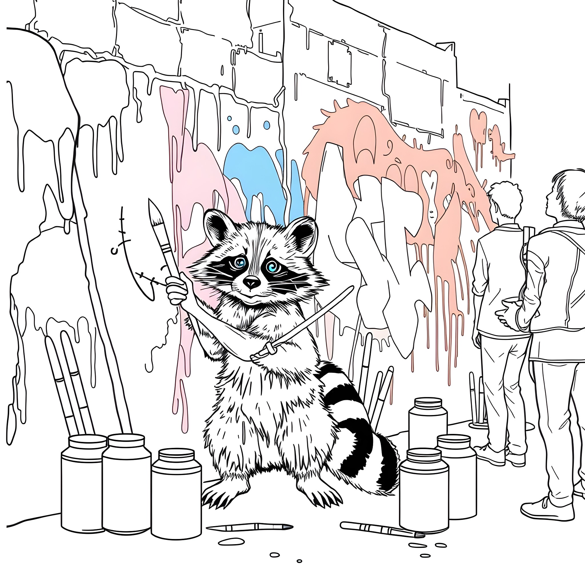 Raccoon tagging graffiti on the wall Coloring Page (free black-and-white line drawing printable PDF for all, from beginners to advanced learners, including children, teens, adults, and seniors)