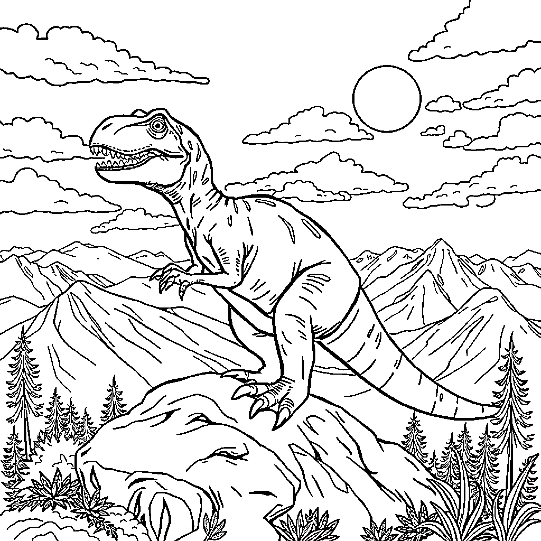 Tyrannosaurus roaring in the prehistoric landscape Coloring Page (free black-and-white line drawing printable PDF for all, from beginners to advanced learners, including children, teens, adults, and seniors)