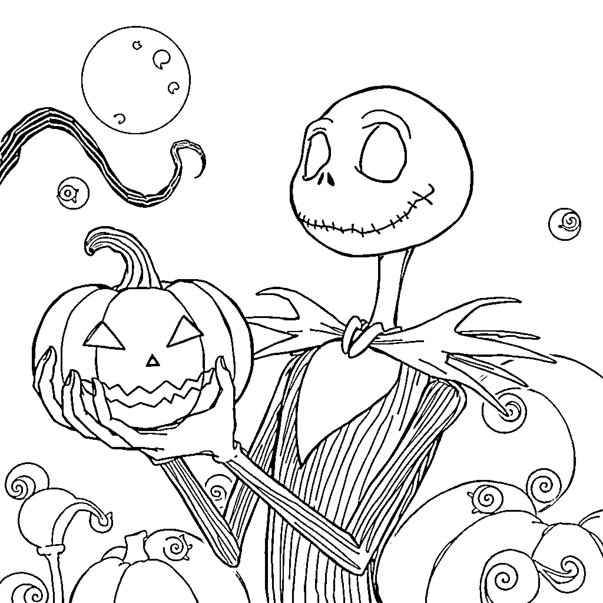 Jack's Halloween Adventure with Spooky Pumpkins Coloring Page (free black-and-white line drawing printable PDF for all, from beginners to advanced learners, including children, teens, adults, and seniors)
