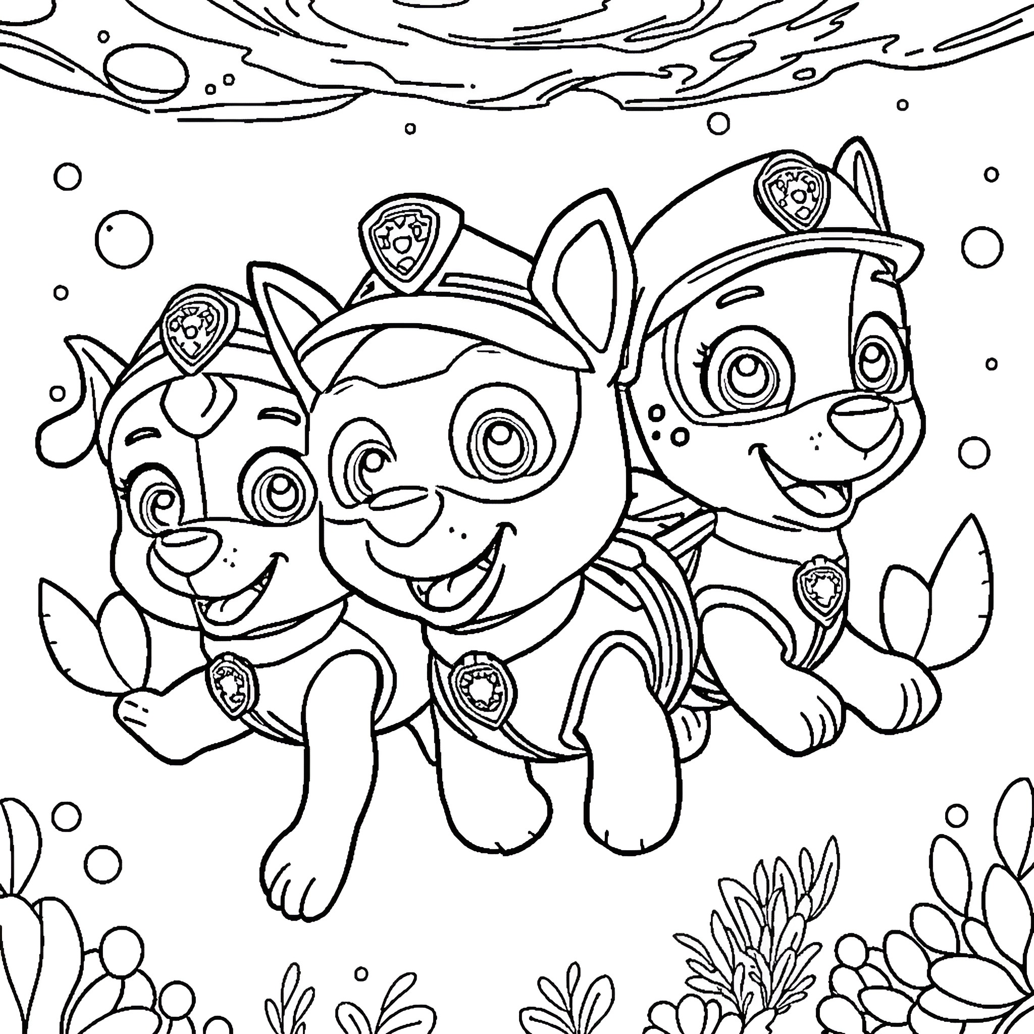 Merpup friends swimming happily underwater Coloring Page (free black-and-white line drawing printable PDF for all, from beginners to advanced learners, including children, teens, adults, and seniors)