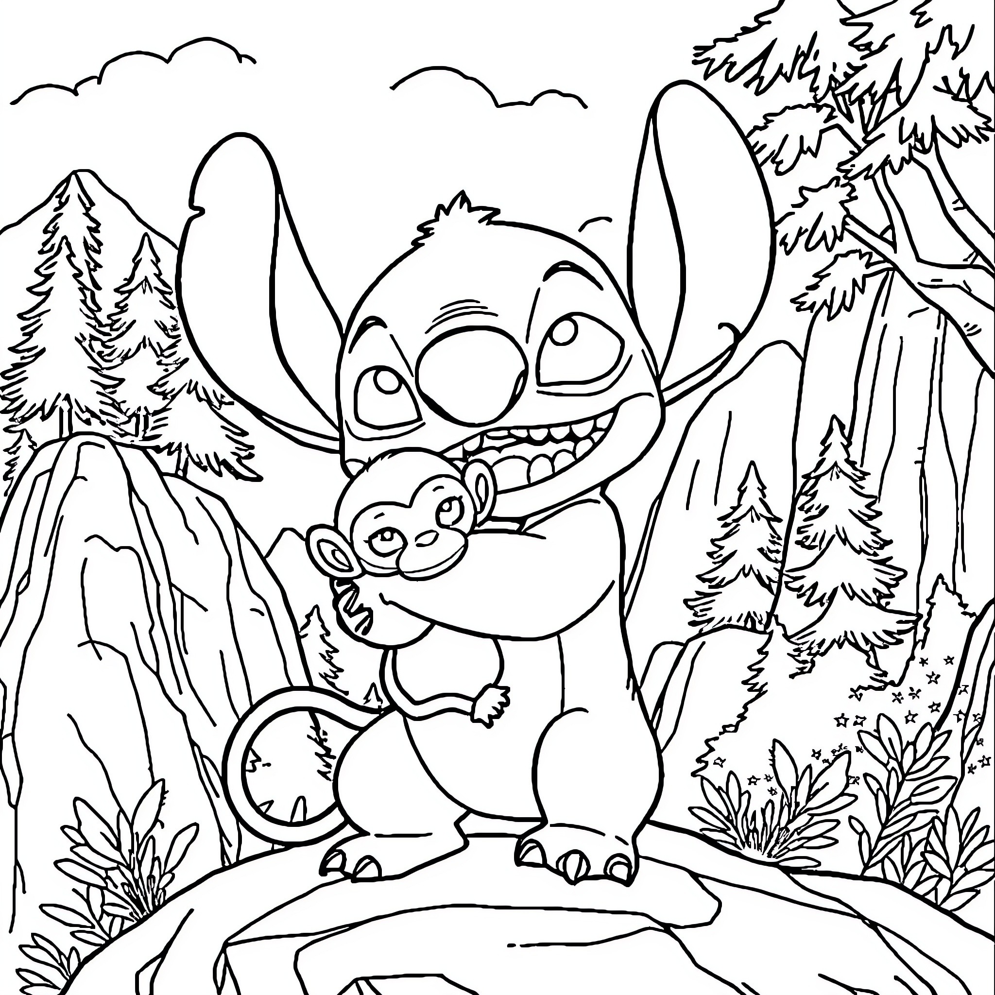 Stitch exploring the enchanting forest with his little friend Coloring Page (free black-and-white line drawing printable PDF for all, from beginners to advanced learners, including children, teens, adults, and seniors)