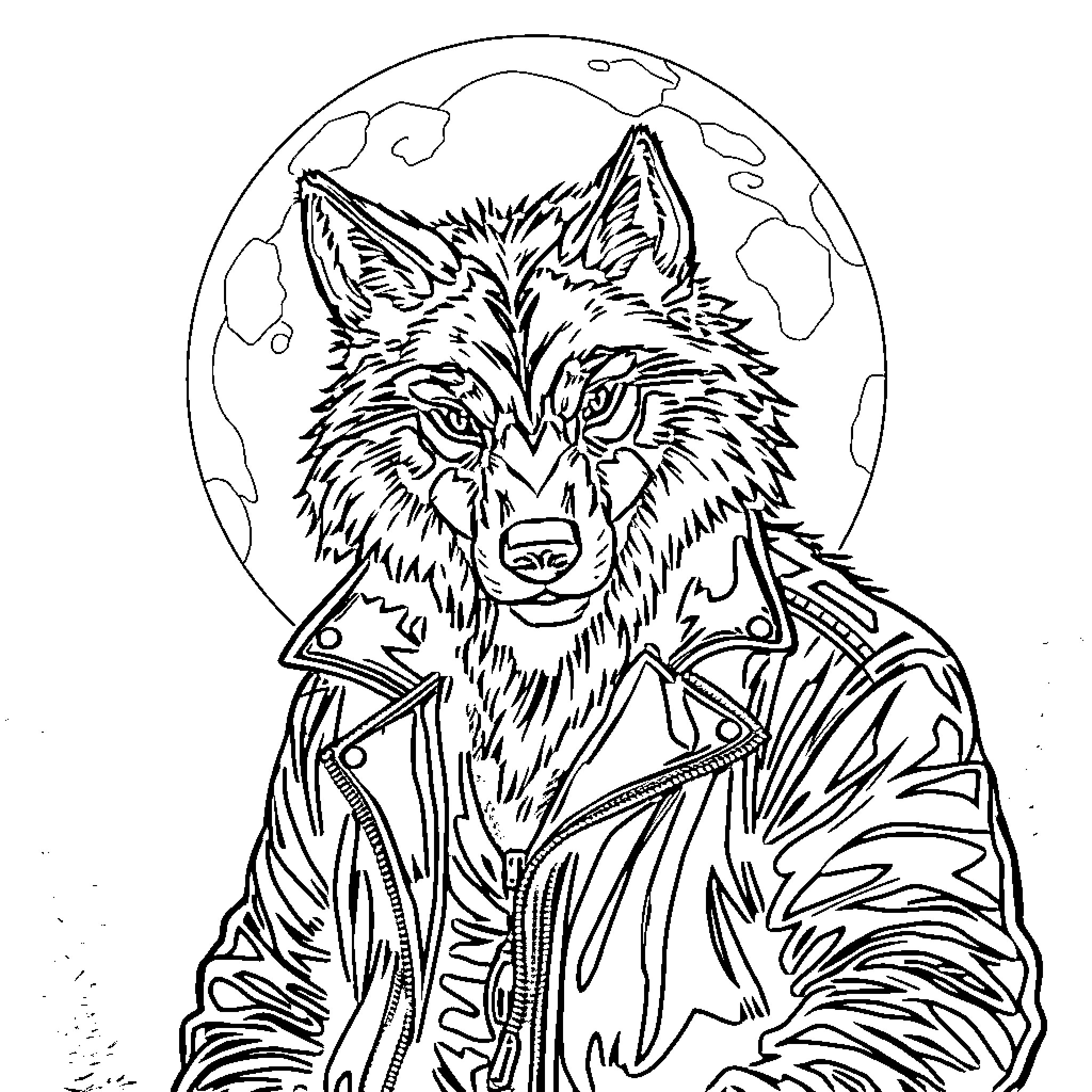 Wolf in Punk-Inspired Outfit Under the Moon Coloring Page (free black-and-white line drawing printable PDF for all, from beginners to advanced learners, including children, teens, adults, and seniors)