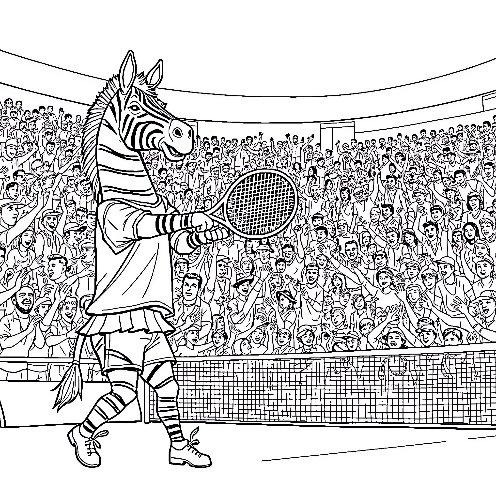 Zebra playing tennis on a crowded court Coloring Page (free black-and-white line drawing printable PDF for all, from beginners to advanced learners, including children, teens, adults, and seniors)