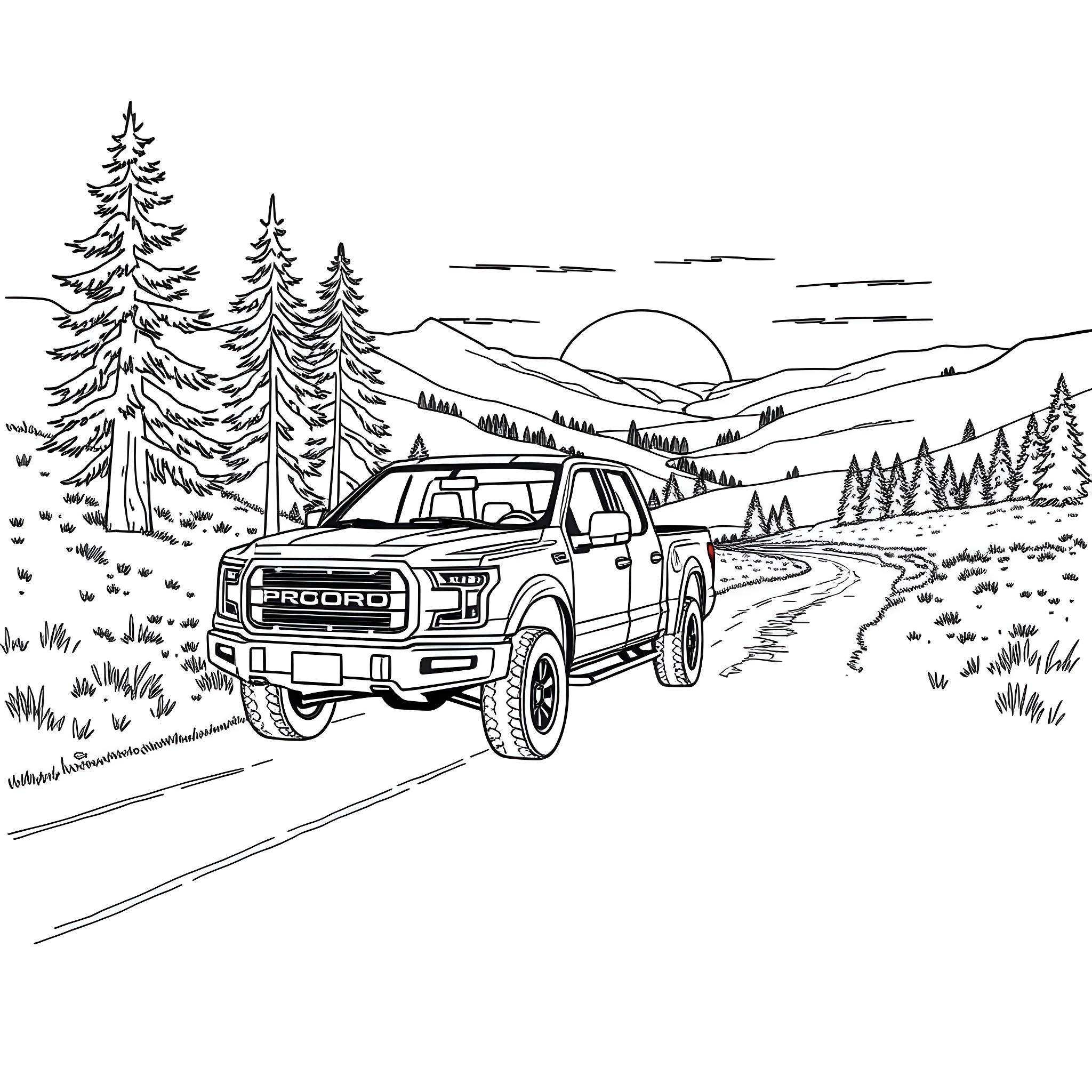 Pick Up Truck driving through scenic mountain landscape Coloring Page (free black-and-white line drawing printable PDF for all, from beginners to advanced learners, including children, teens, adults, and seniors)