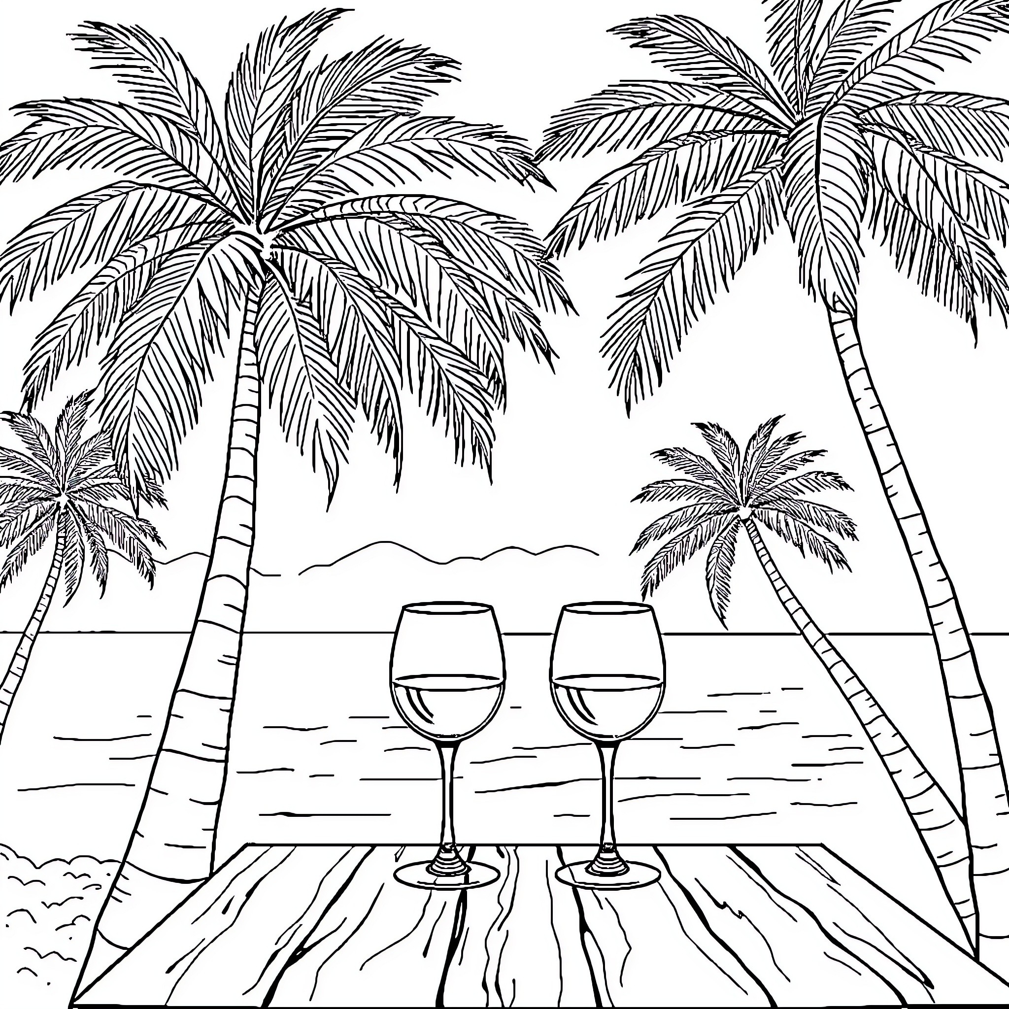 Palm Tree Scenic Landscape with Tropical Drinks Coloring Page (free black-and-white line drawing printable PDF for all, from beginners to advanced learners, including children, teens, adults, and seniors)