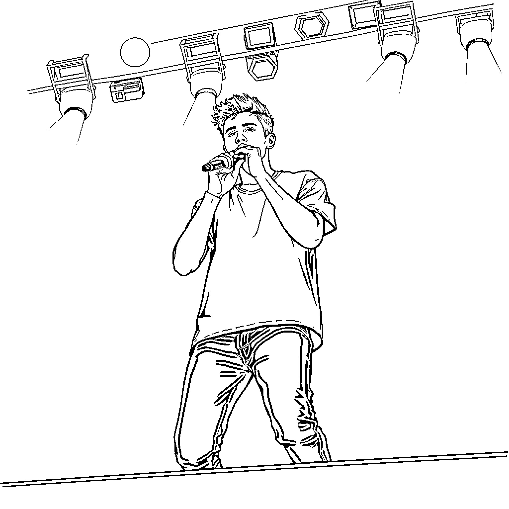 Justin Bieber performing on stage with microphone Coloring Page (free black-and-white line drawing printable PDF for all, from beginners to advanced learners, including children, teens, adults, and seniors)