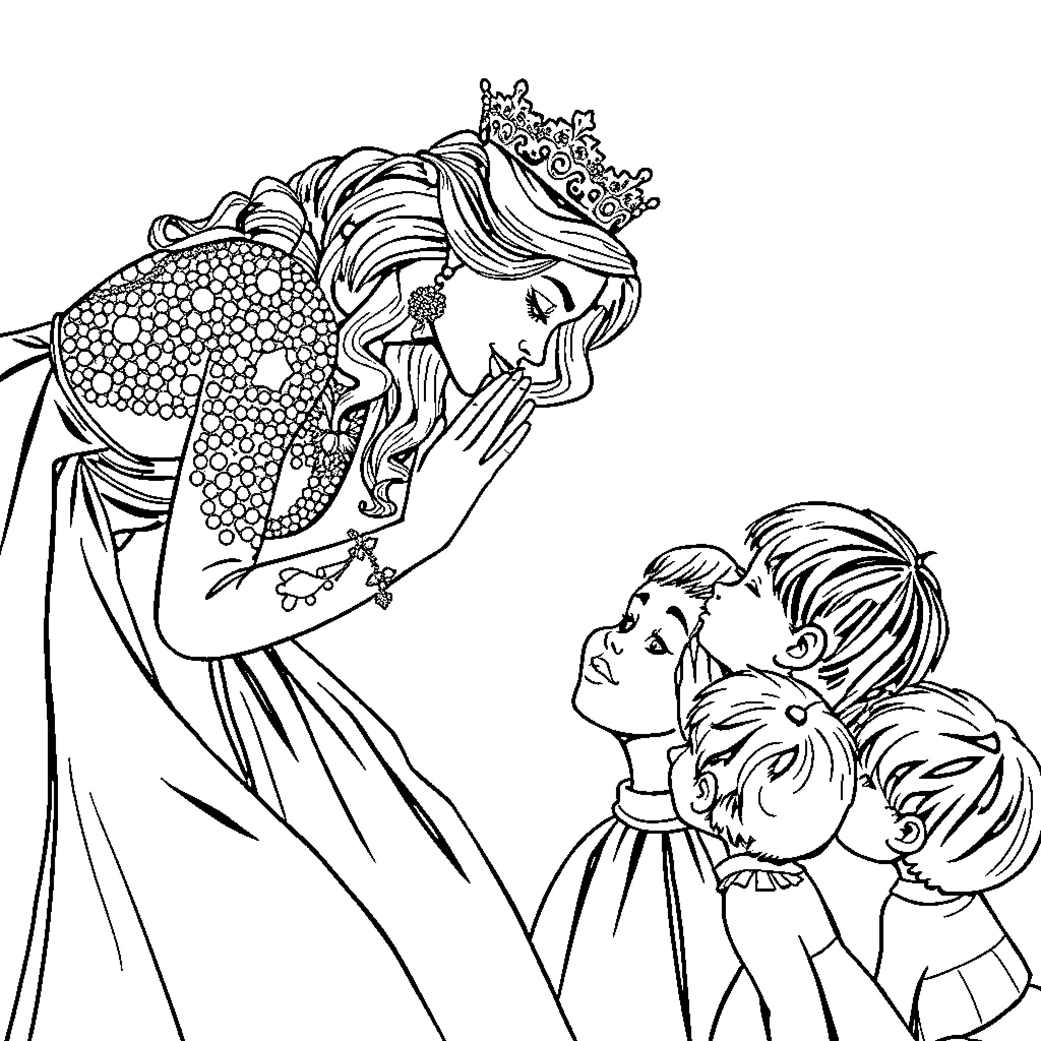 Queen embraces her children in a tender moment Coloring Page (free black-and-white line drawing printable PDF for all, from beginners to advanced learners, including children, teens, adults, and seniors)