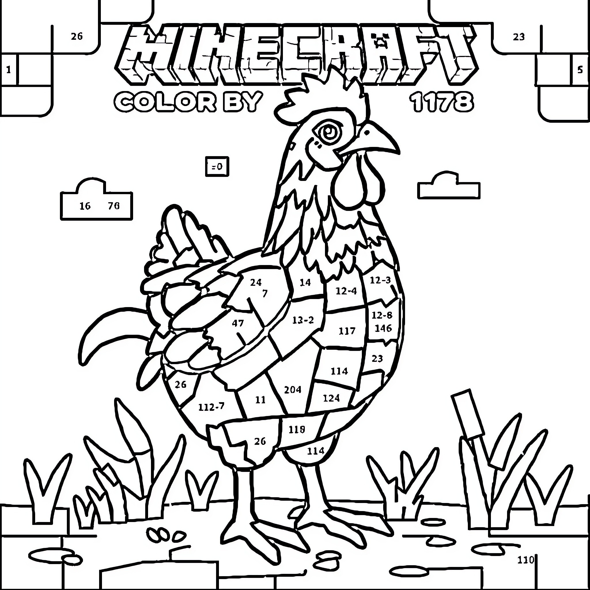 Minecraft Chicken Coloring by Numbers Activity Coloring Page (free black-and-white line drawing printable PDF for all, from beginners to advanced learners, including children, teens, adults, and seniors)