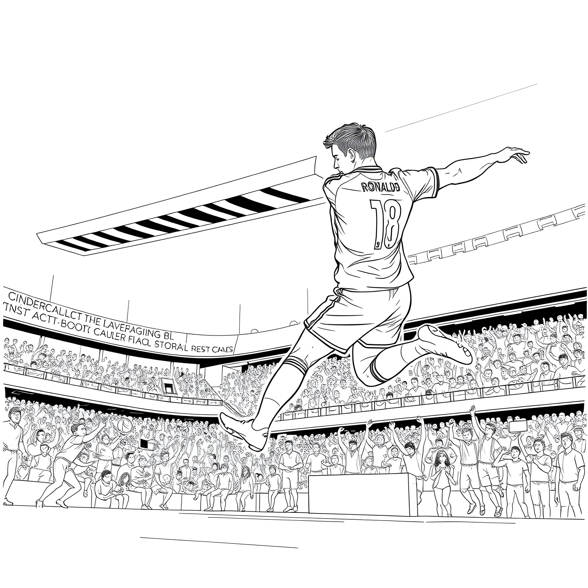 Ronaldo performing spectacular soccer skills on the field Coloring Page (free black-and-white line drawing printable PDF for all, from beginners to advanced learners, including children, teens, adults, and seniors)